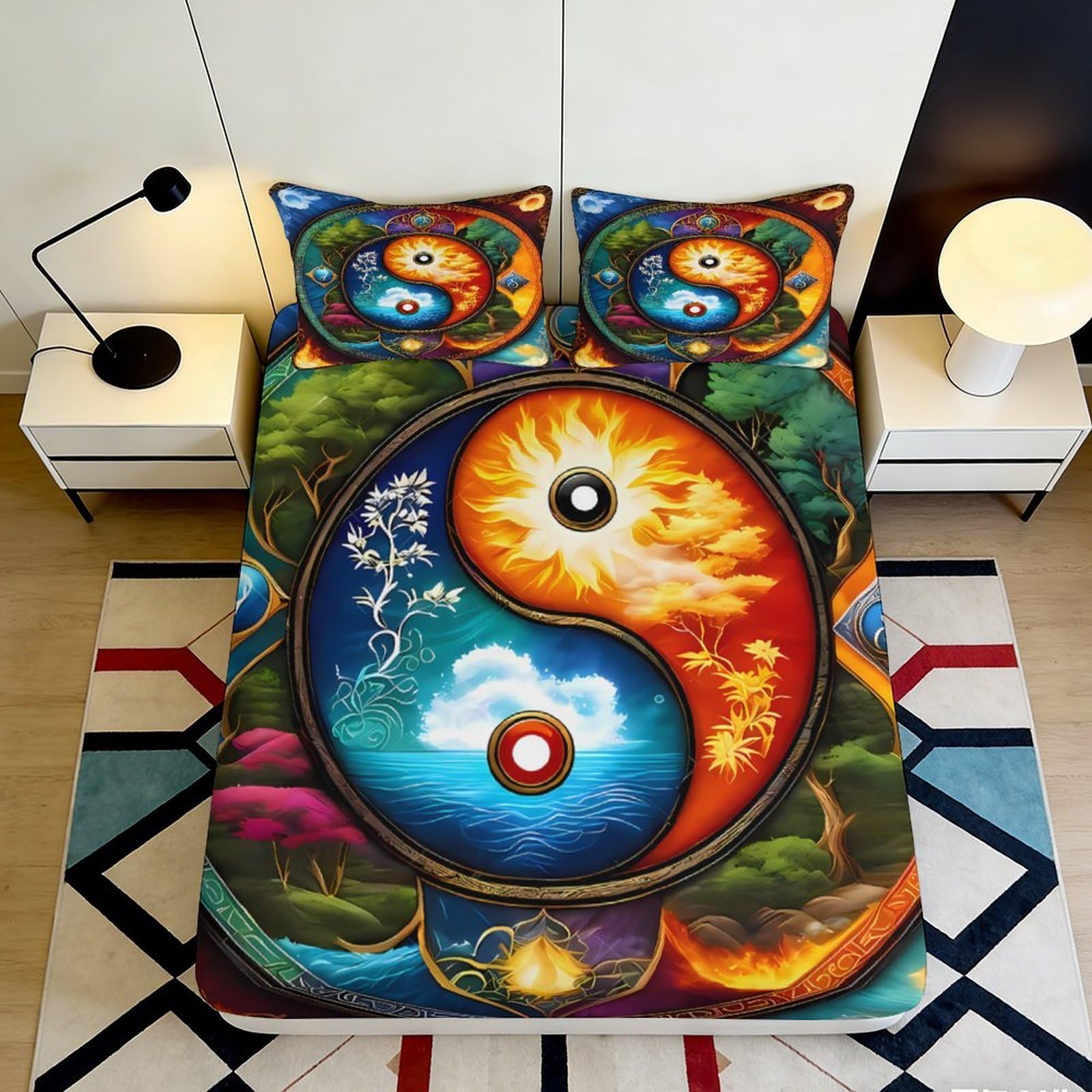 3D Printed Yin Yang Pattern Fitted Sheet Microfiber Deep Pocket Non-Slip Yin Yang Mattress Fitted Cover Bedroom 200x200x25cm 90x200x25cm