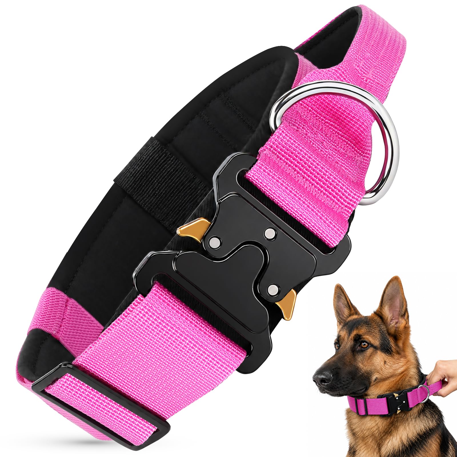 Tactical Dog Collar for Medium Large Dogs, Wide Heavy Duty Dog Collars with Handle and Metal Buckle, Adjustable Padded Collar for Dogs Outdoor Walking and Training (Rose Red, L)