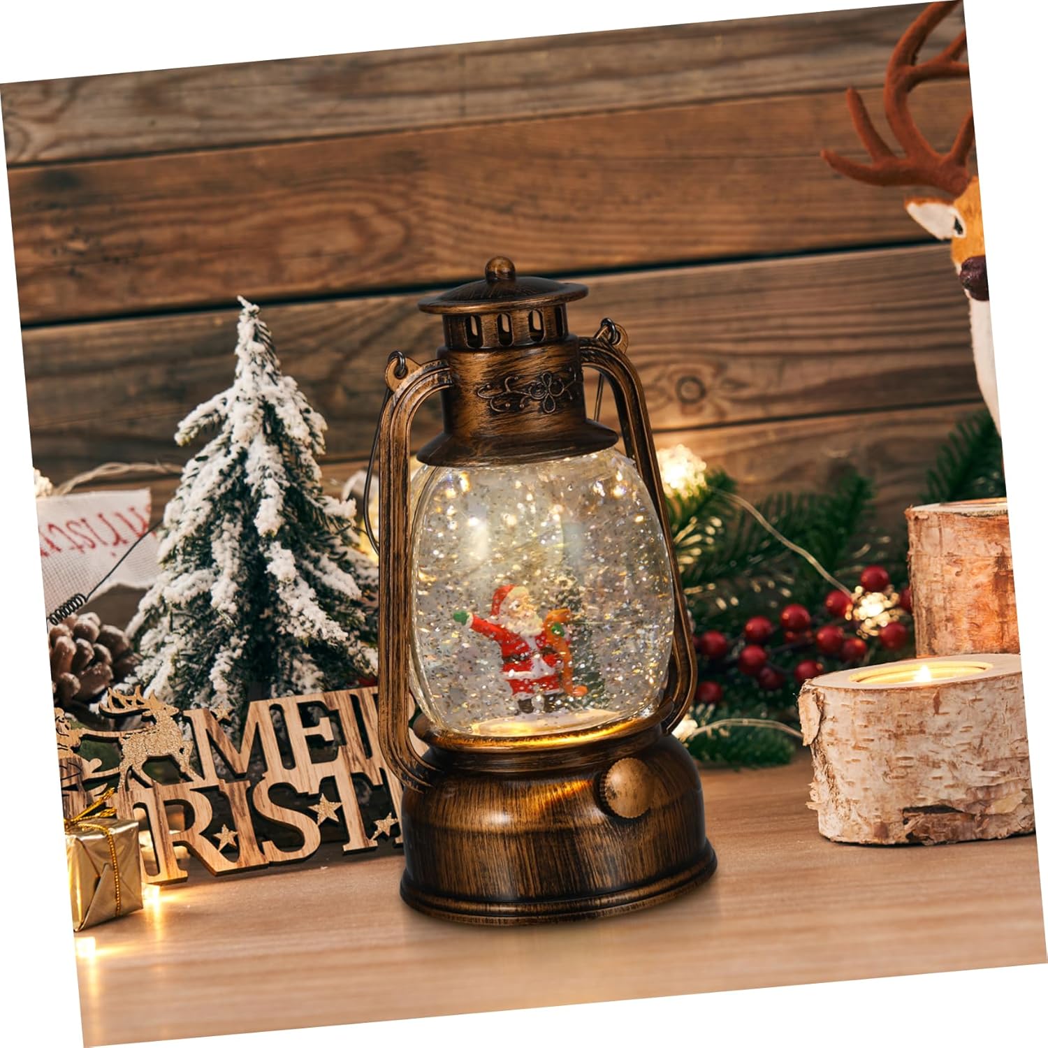 DOITOOL Musical Snow Globe Lantern with Glittering Light and Festive Soundtrack USB and Battery Operated Christmas Santa Claus Decoration Vintage Style Holiday Accent for Desktop and