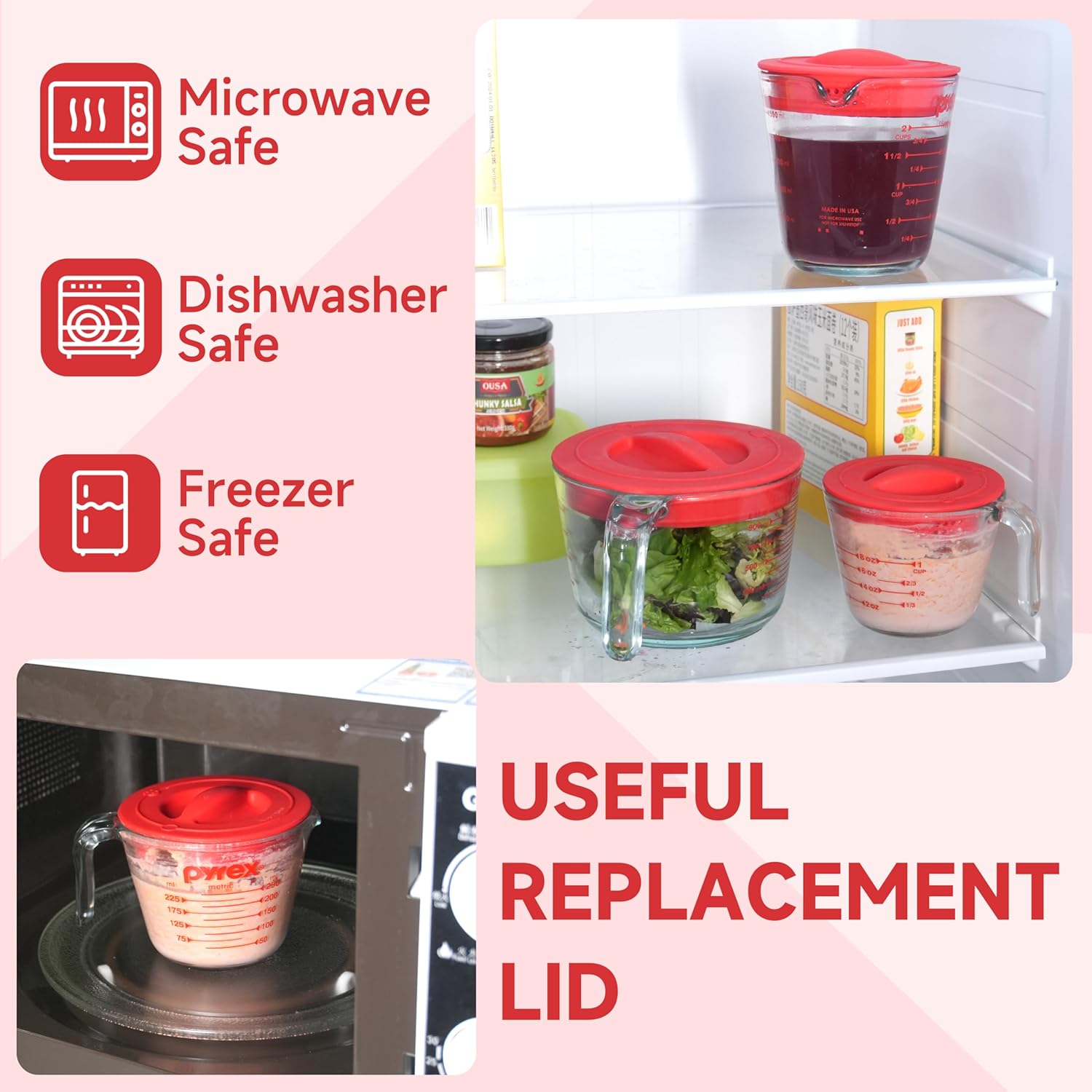 3 Pack Silicone Replacement Lids, Respectively Fits Pyrex 1-Cup, 2-Cup & 4-Cup Tempered Glass Liquid Measuring Cups, Reusable & Food-grade Silicone, Dishwasher & Microwave Safe