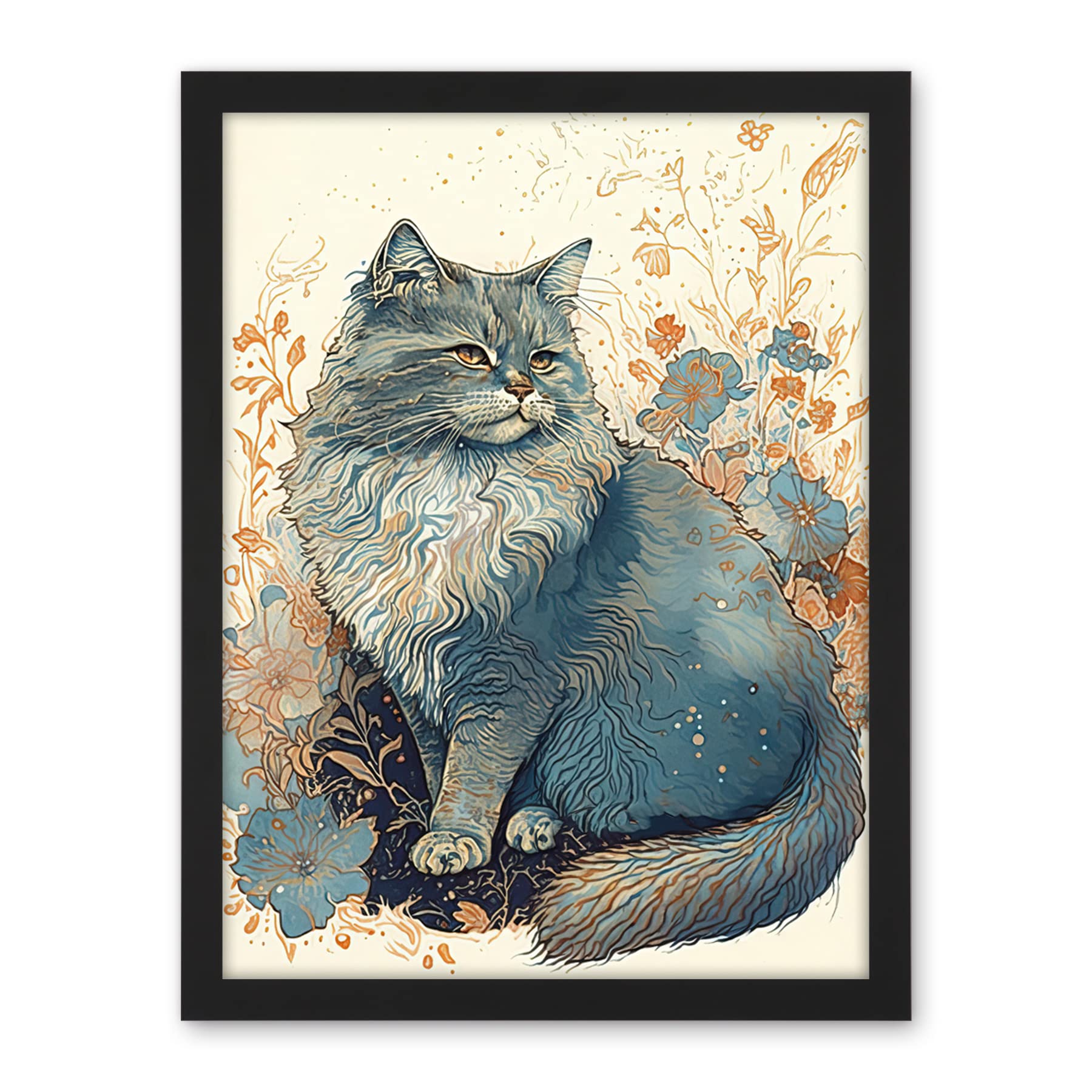 Artery8 Fluffy Cat in Wildflowers Teal and Orange Watercolour Illustration Artwork Framed Wall Art Print 18X24 Inch