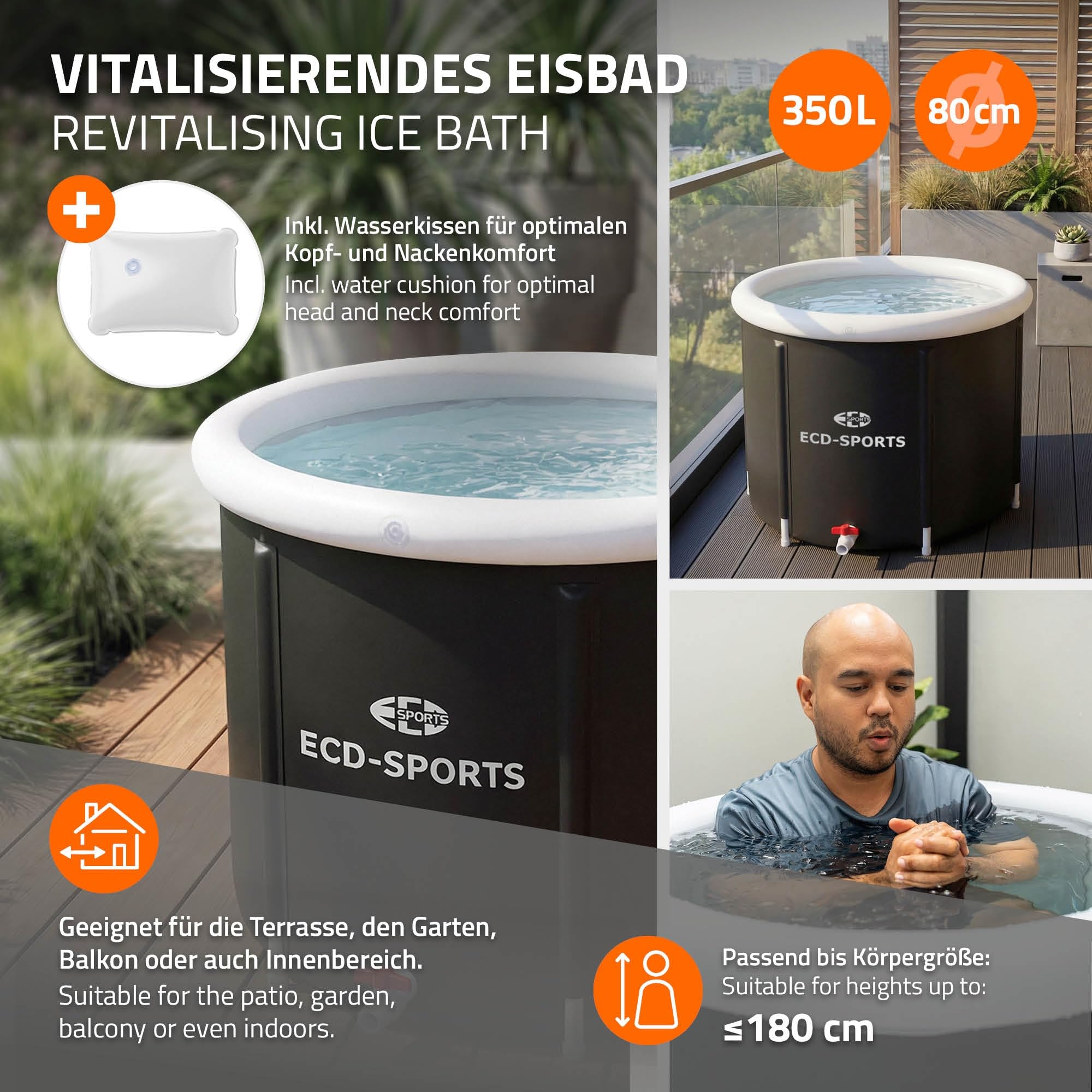 ECD Germany Vasca per Bagno di Ghiaccio Ø80 cm, Pieghevole, Set Completo con Isolamento, Vasca per Immersione 350L, Tinozza per Terapia del Freddo e Crioterapia, Portatile per Interno ed Esterno