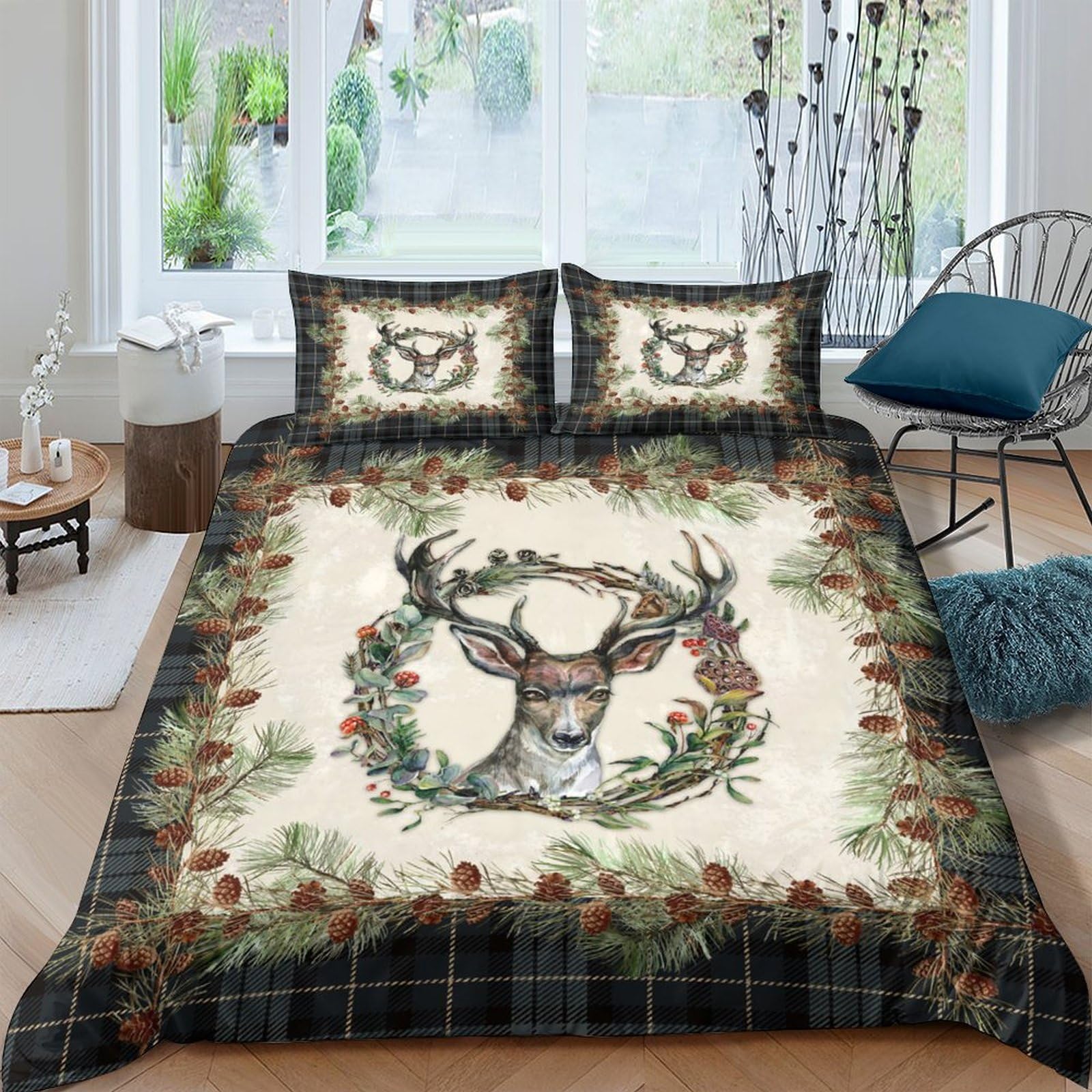 Ctjqhvkz Style-3 3D Printed Deer Floral Fitted Sheet Microfiber Soft Breathable Plaid Forest Mattress Cover For Bedroom Dorm Mattress Decor Single（135X200cm）