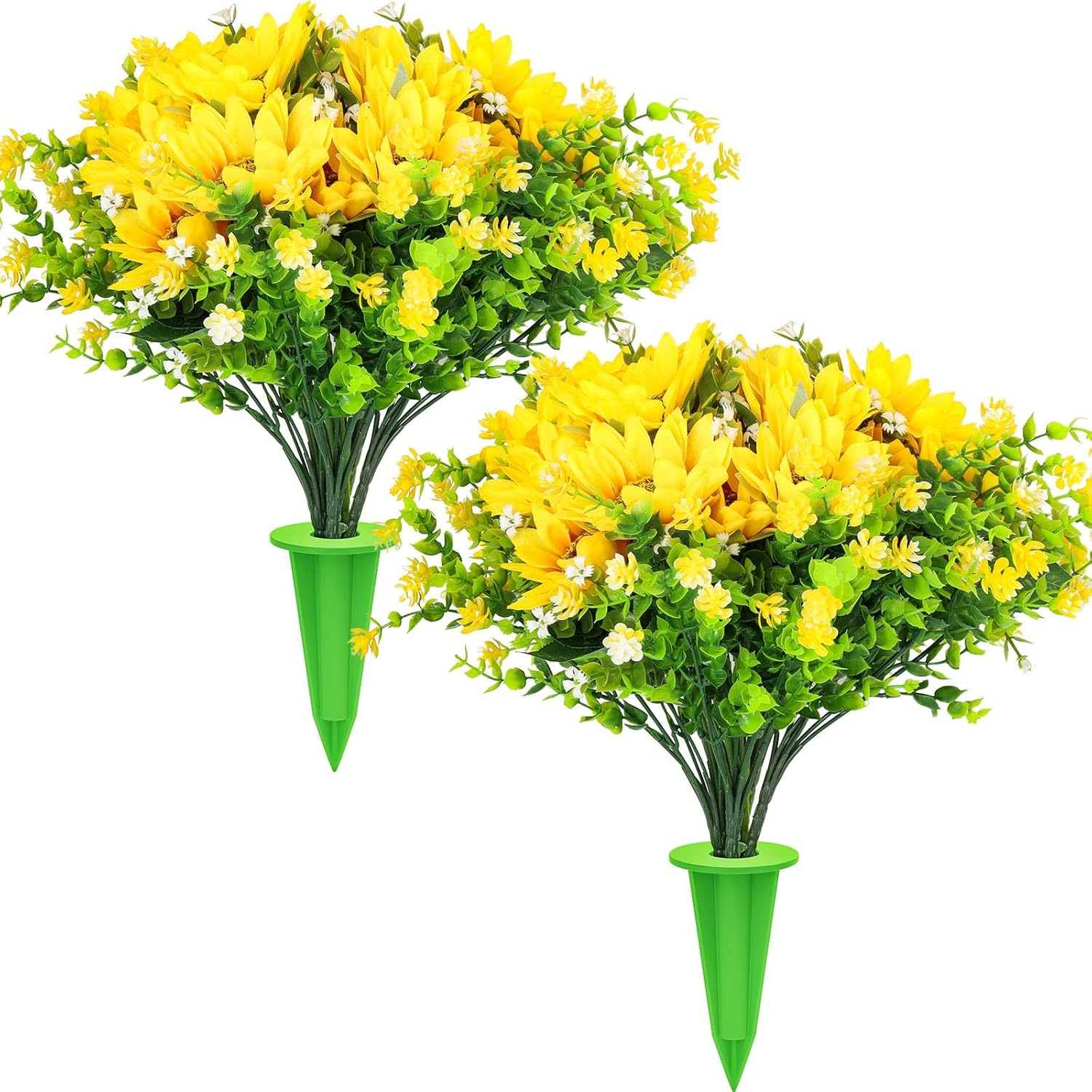 Sunflower Artificial Flowers for Outdoors, Indoor Fake Floral with Ground Spike for Door Yard Porch Patio Garden Window Box Office Table Kitchen Home Planter Pot Vase Flowerpot Yellow White (B)
