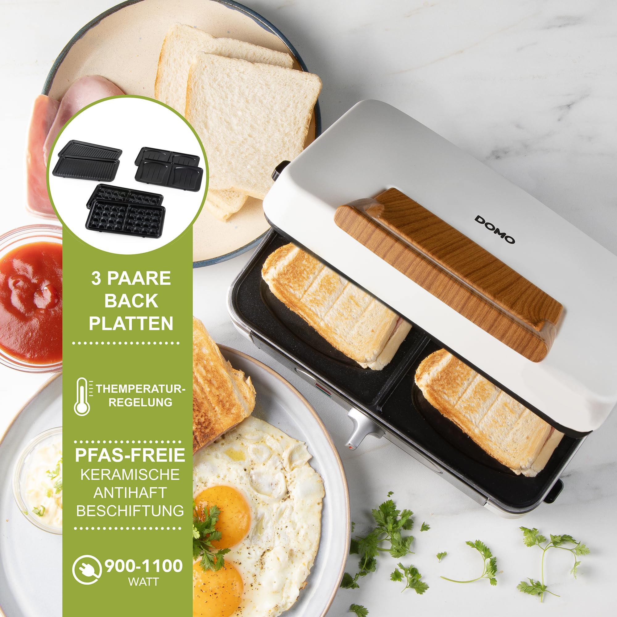 DOMO DO9277C Snackmacher 3-in-1 - Sandwichmaker - Waffeleisen - Kontaktgrill - 1100W - Weiß