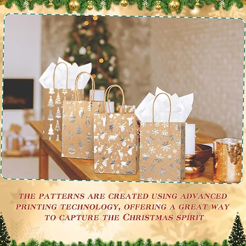 Miniatura 10 de Paquete de 50 bolsas de regalo de Navidad metálicas plateadas con asa de papel de seda de papel de seda con 4 diseños para regalos de vacaciones de