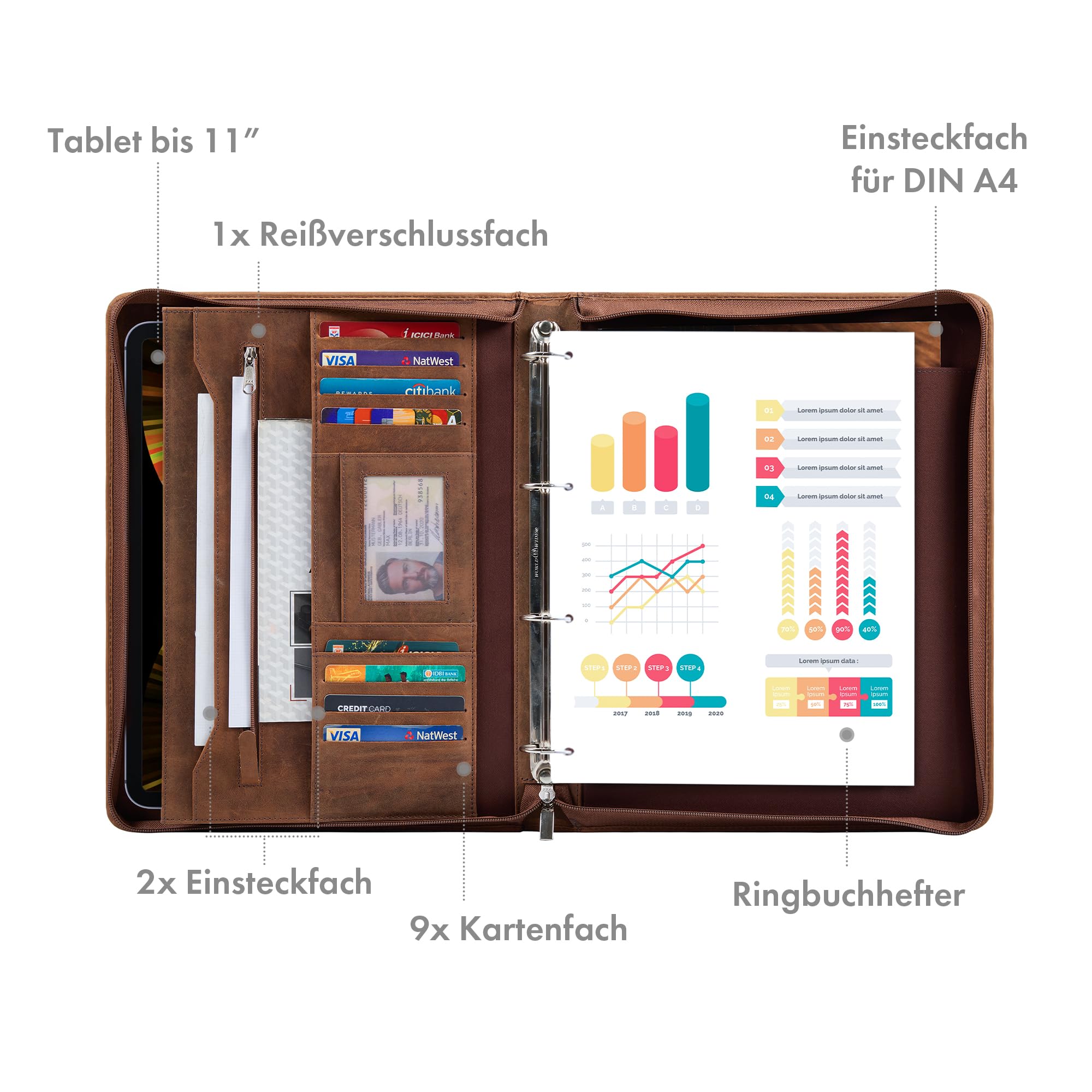 STILORD Don Dokumentenmappe A4 Leder Braun Konferenzmappe mit Ringbuch Vintage Echtleder Mappe Tablet Tasche 11 Zoll Ledermappe Groß Aktenmappe Breit für Arbeit Büro Business