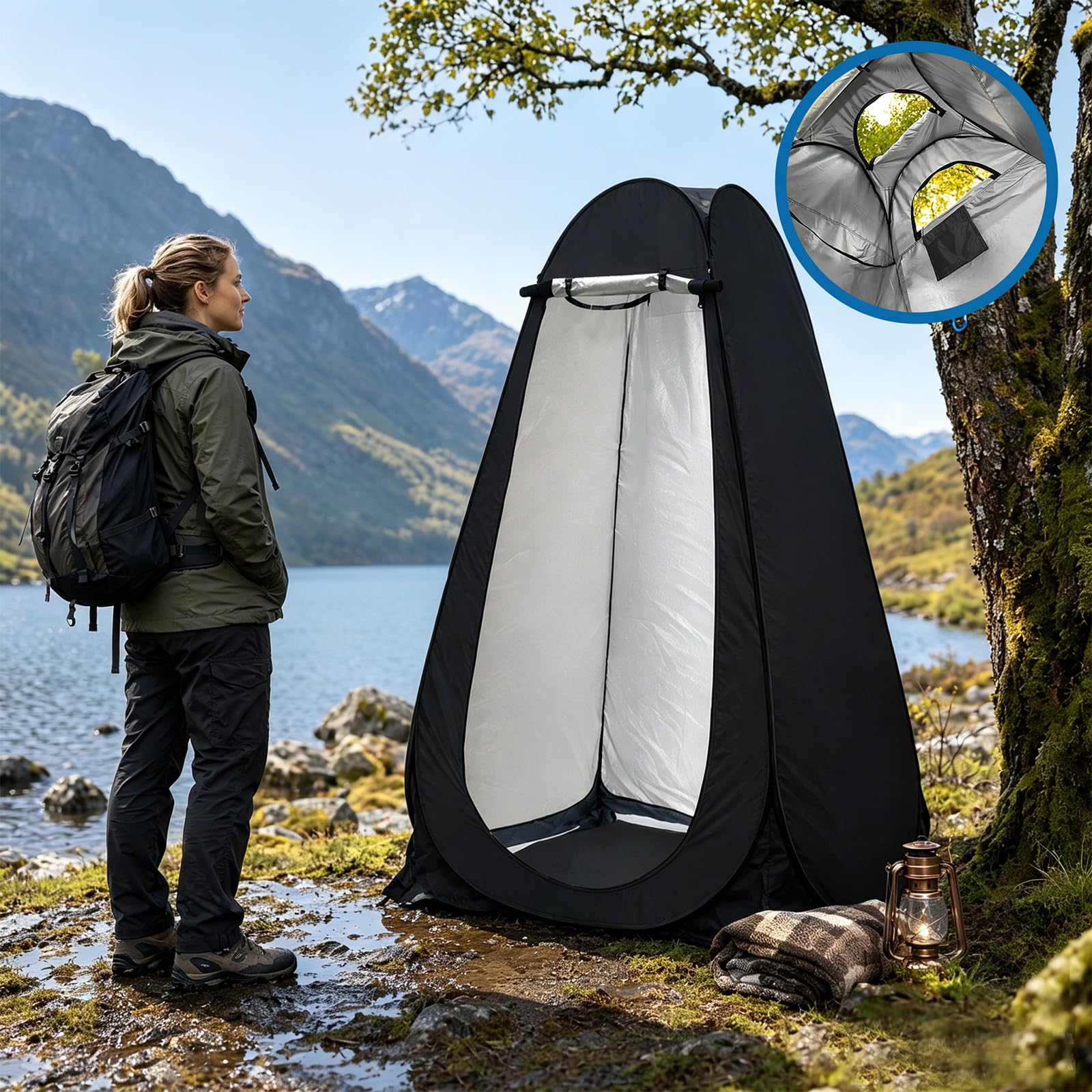Pop Up Zelt, Duschzelt mit Tragetasche Fenster & Camping Zubehör, Mobile Umkleidezelt, Camping Toiletten Zelt, Sichtschutz Zelt für Outdoor, UV-Schutz wasserdicht für Camping Wandern Strand - Schwarz