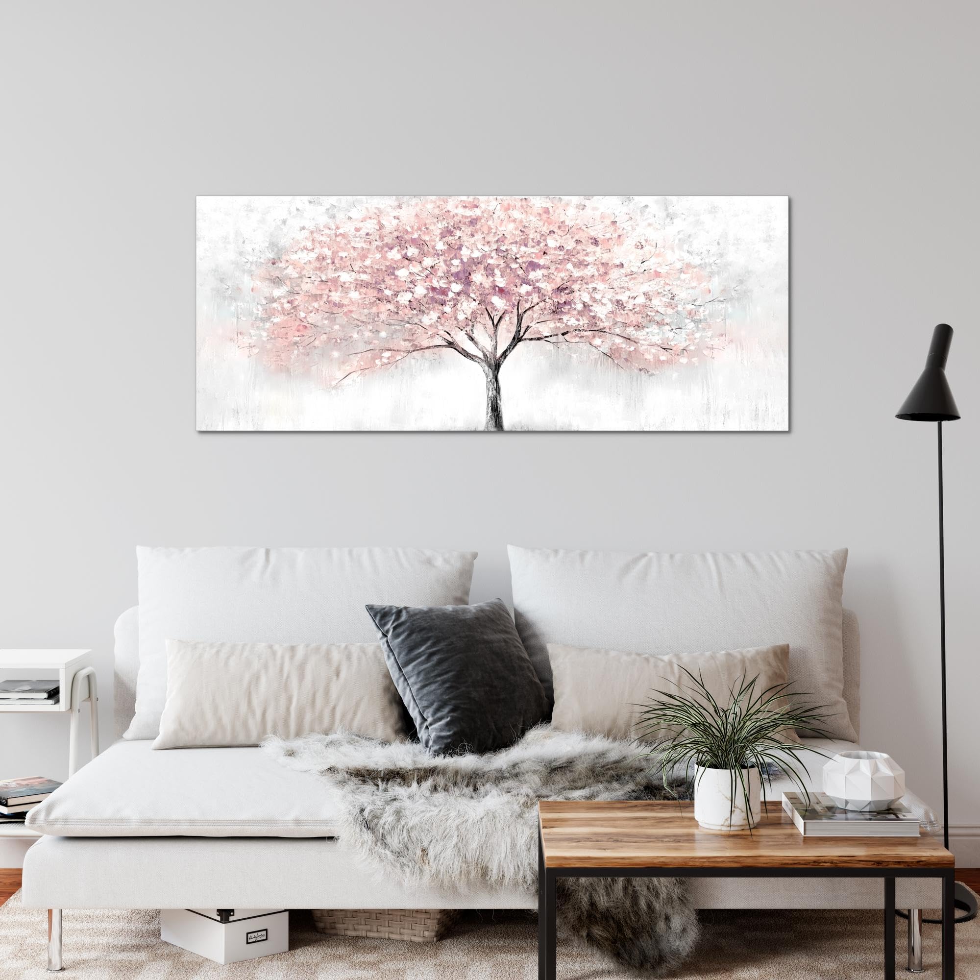 Runa Art Wandbild Wohnzimmer Baum Frühling 100 x 40 cm Modern Bild auf Vlies Leinwand Natur Schlafzimmer Grau Rosa 053212b