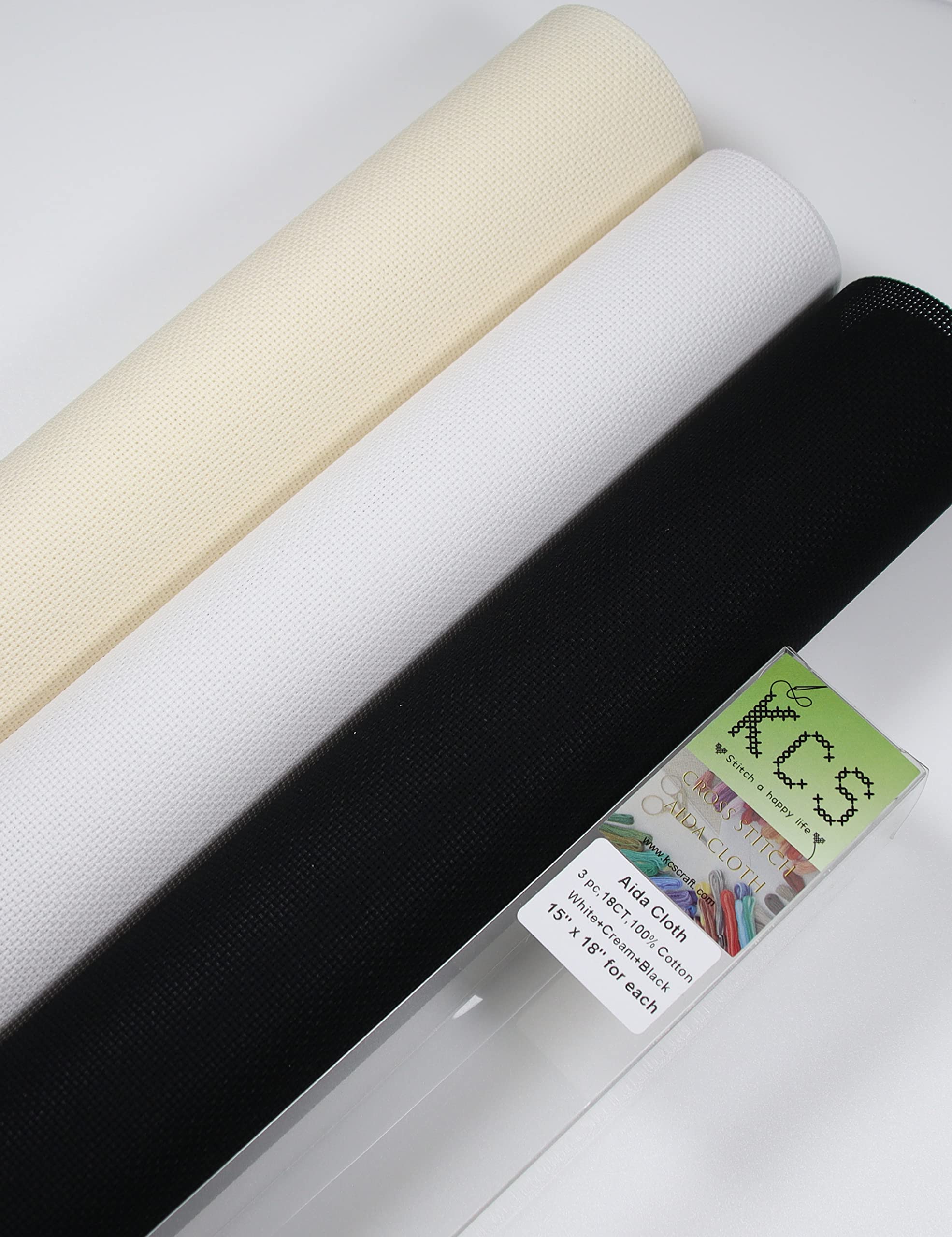 KCS 3 pc of 15" x 18" Counted Cross Stitch Cotton Aida Cloth Needlework Rolled Fabric Box,18CT,White+Cream+Black