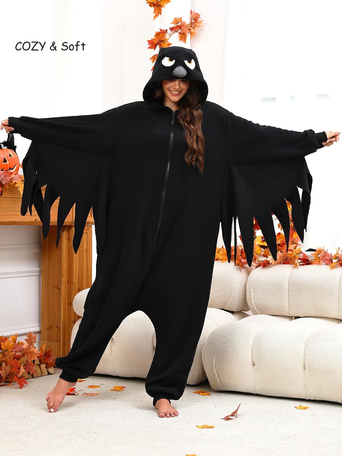 Crow Costume Adult Crow Onesie Pajamas for Women Men Halloween Cosplay
