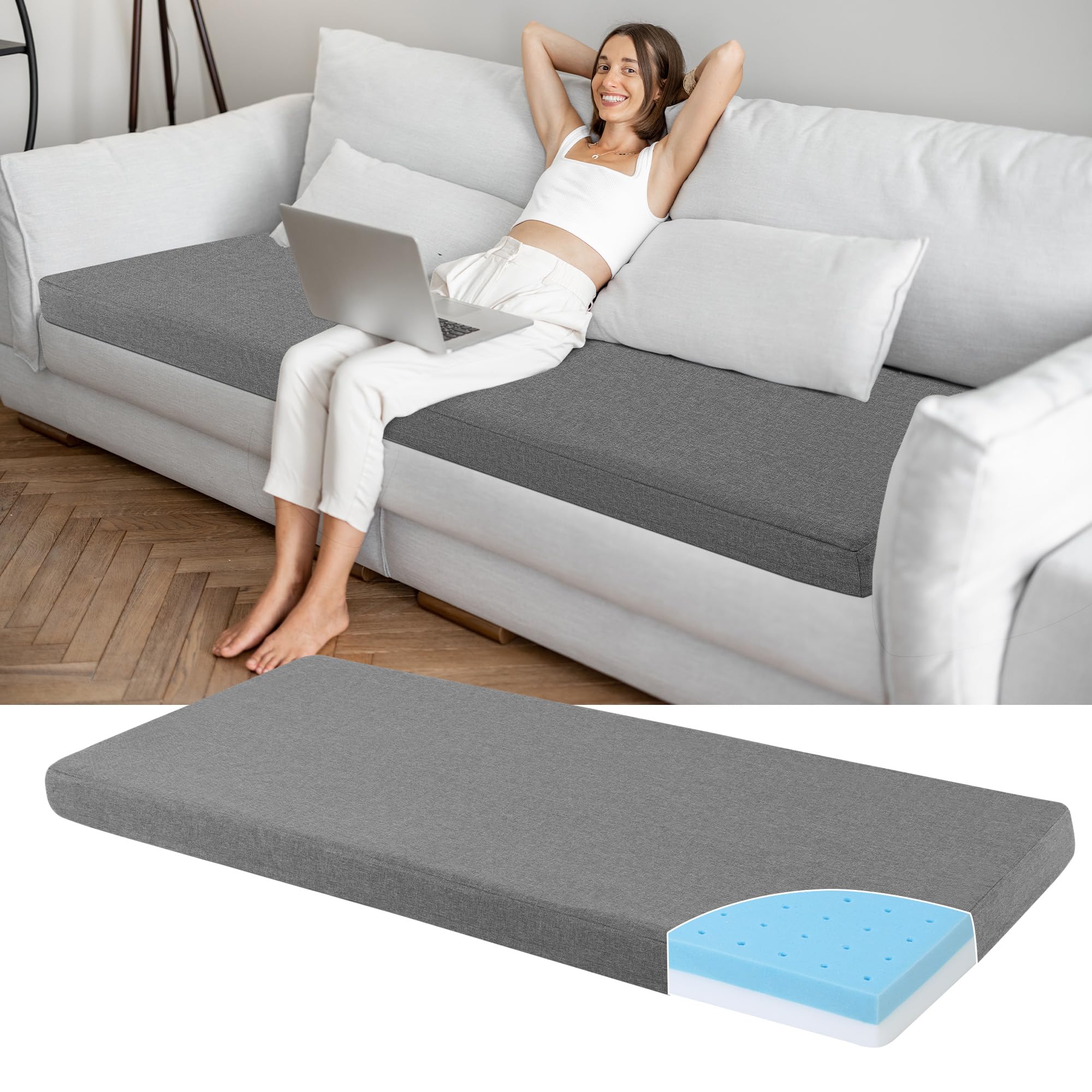 Photo 1 of HOMBYS 3 Inch Memory Foam Sofa Topper Pad, 71" L x 27.5" W Inch Couch Topper Cushion with Washable Cover for Sofa, Couch Cover Pad with Non Slip Bottom