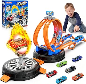 Race Car Track Set for Kids Ages 3-8, Toy Car Racing Playset with Transformable Tire Storage Case, Portable Handle, 360 Loop Track, Six Die-Cast 164 Scale Cars, Gift for Boys and Girls