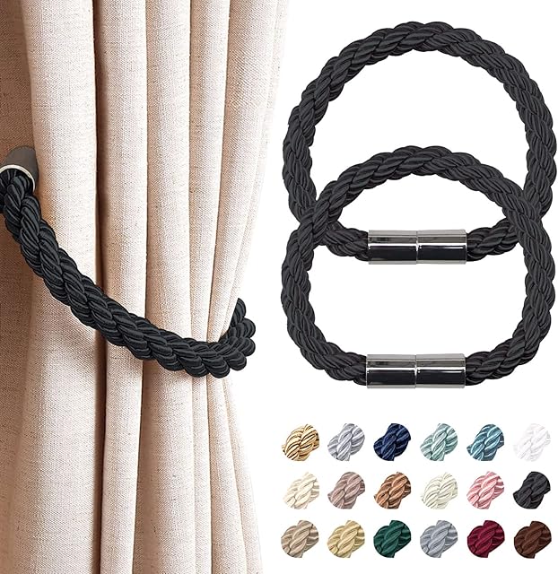 Pretty Jolly 2 Pack Strong Magnetic Curtain Tiebacks Modern Simple Style Drape Tie Backs Convenient Decorative Weave Rope Curtain Holdback for Thin or Thick Home & Office Window Drapery (Black)