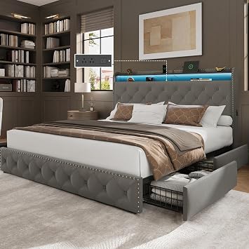 King Size Bed Frame with 4 Storage Drawers and USB Charging Station Velvet Tufed Upholstered Platform Bed Frame with Headboard LED Light,Heavy Duty Platform/Noise Free,Easy Assembly,Grey