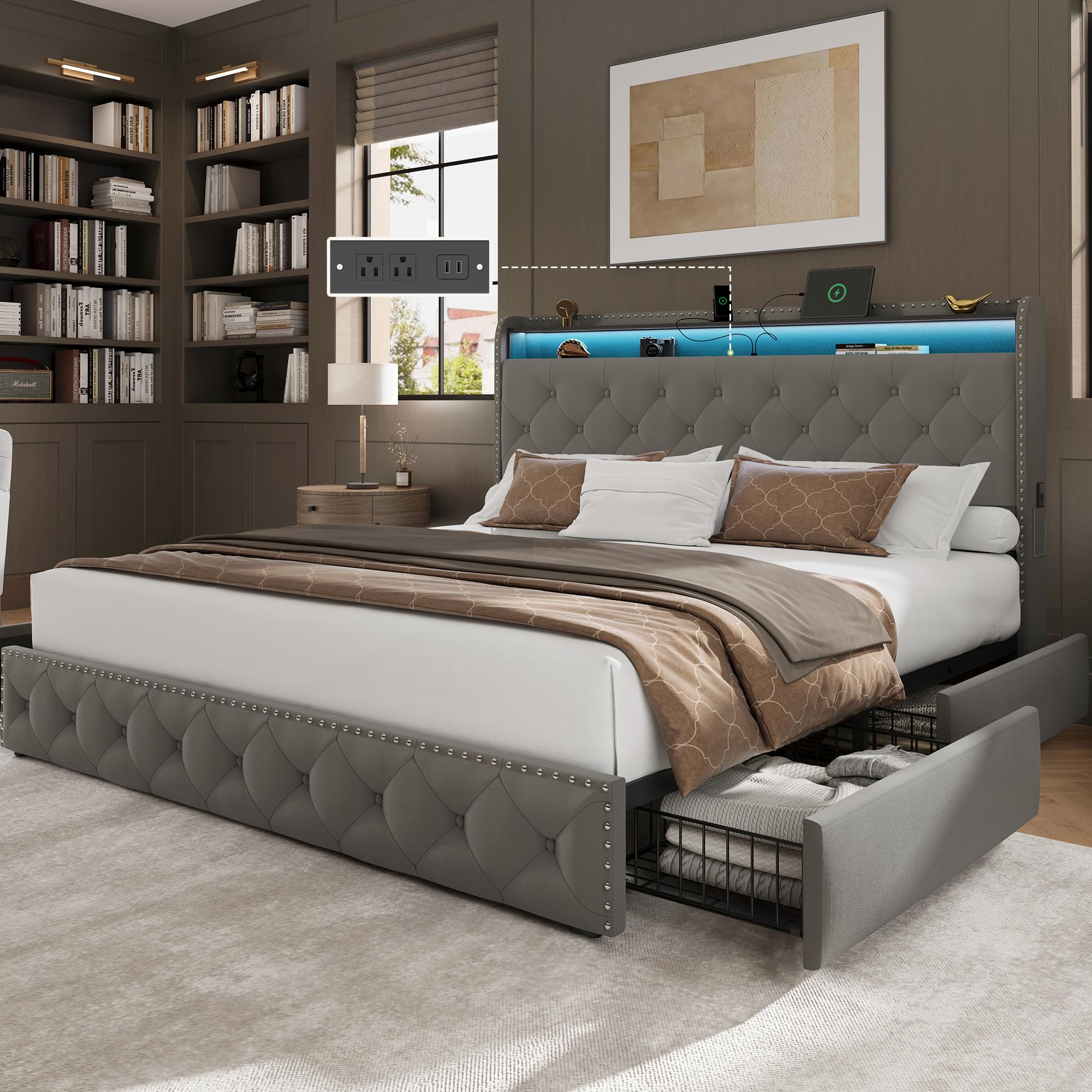 LARMACE King Bed Frame with 4 Storage Drawers and USB Charging Station Velvet Tufed Upholstered Platform Bed Frame with Headboard LED Light, Heavy Duty Platform/Noise Free, Easy Assembly, Grey
