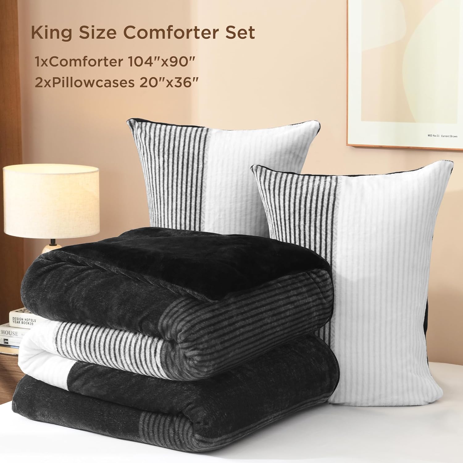 Litanika Fluffy Fleece King Size Comforter Set, Luxury Soft Plush Fuzzy Black & White Stripe Bedding Comforter Sets, Warm Shaggy Faux Fur Bed Set All Season (1 Comforter, 2 Pillowcases) - Image 9