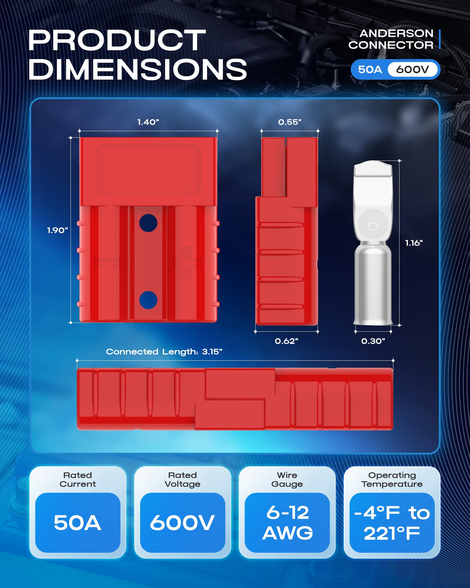Anderson Connector 50A 600V Battery Quick Connect/Disconnect for 6-12 AWG Cables, Anderson Plug for Winch, Trailer, RV, Forklift (Red, 2 PCS) - 3