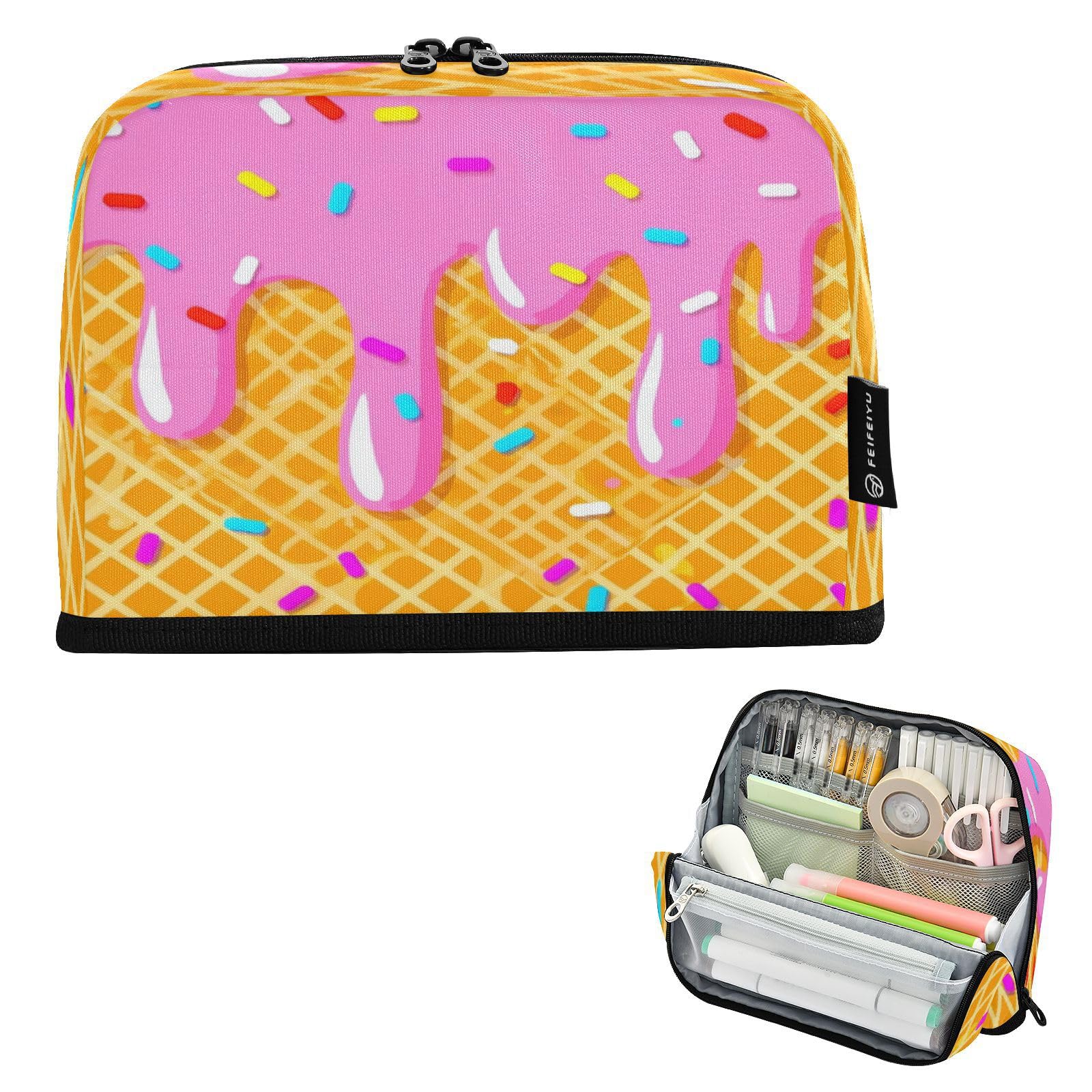 JULYTO Ice Cream Pink Pencil Case Large Capacity Pencil Pouch with Zipper Summer Cute Portable Pen Bag Organizer Standing Makeup Bag for Office Women
