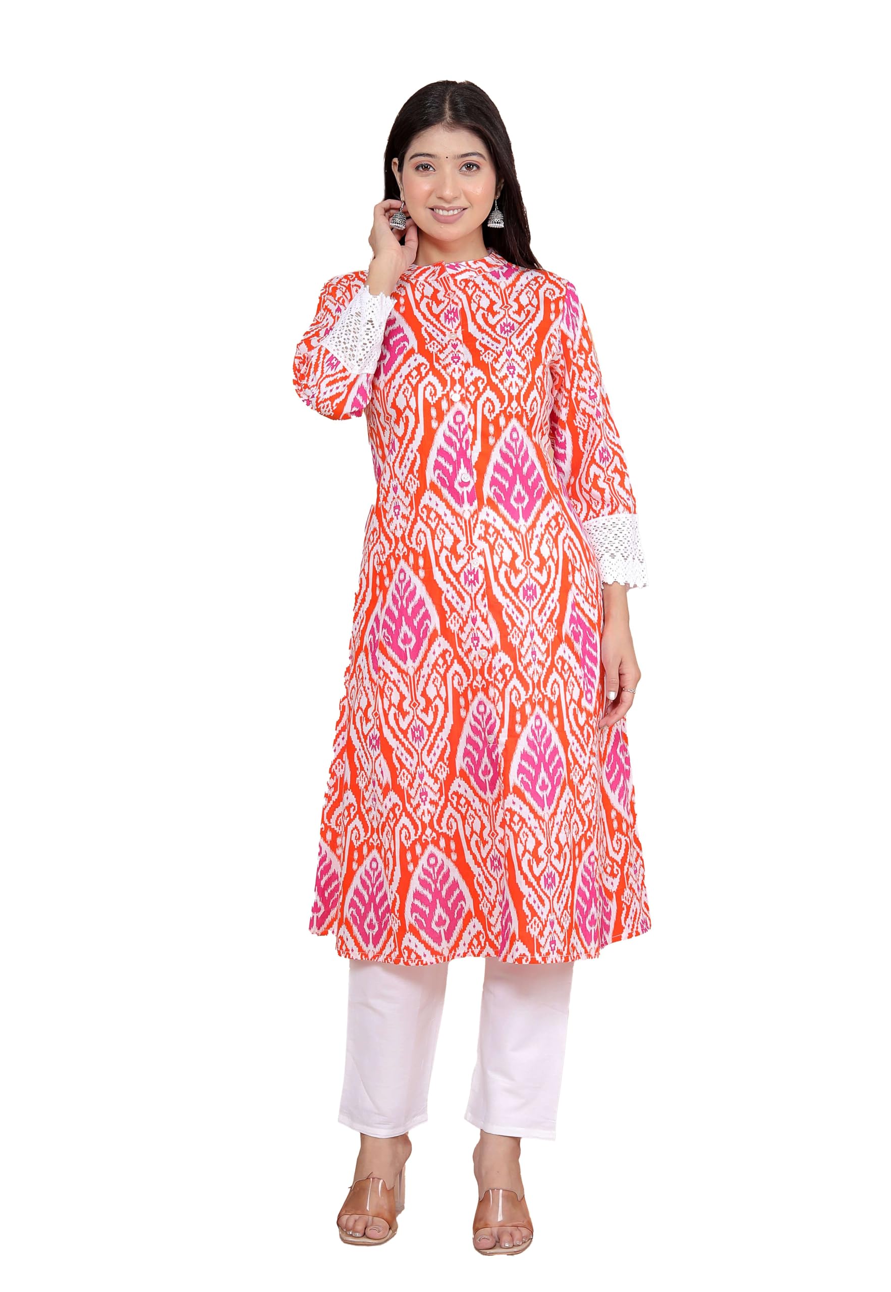Women's Cotton Printed Mandarin Collar A-Line Kurti with Pant (Orange)-image-28