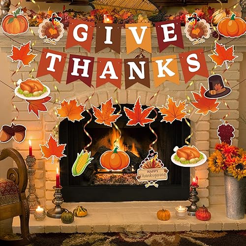 Miniatura 5 de Decoraciones de Acción de Gracias, 42 piezas de decoraciones de fiesta de Acción de Gracias incluyen pancarta de agradecimiento con remolinos