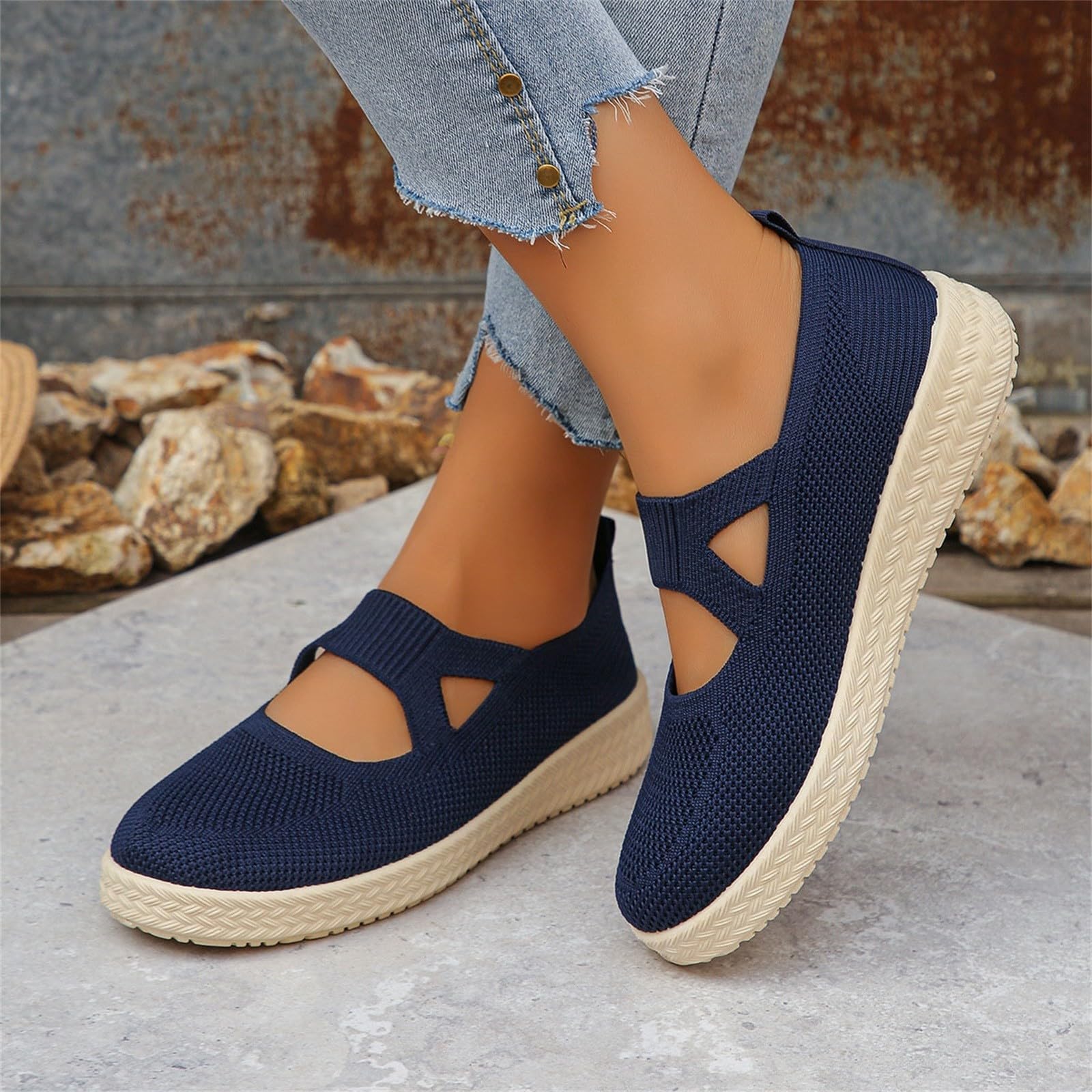 Sneaker Damen Bequem Mary Jane Ballerinas Mesh Atmungsaktive Slipper | Weich Strick Flache Schuhe Bequem Sommerschuhe, Ohne Schnüren Freizeitschuhe Leicht Walkingschuhe Für Arbeit, Reisen