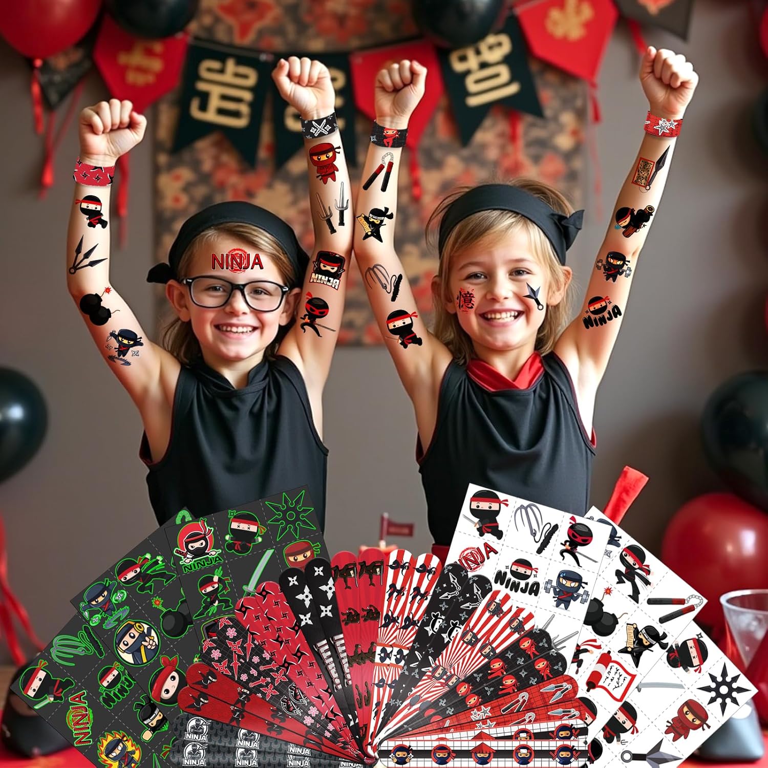 96 PCS Ninja Party Favors Set – 72 Pre-Cut Temporary Tattoos & 24 Slap Bracelets for Kids, Cool Red & Black Ninja Birthday Party Supplies and Goodie Bag Fillers - Image 7