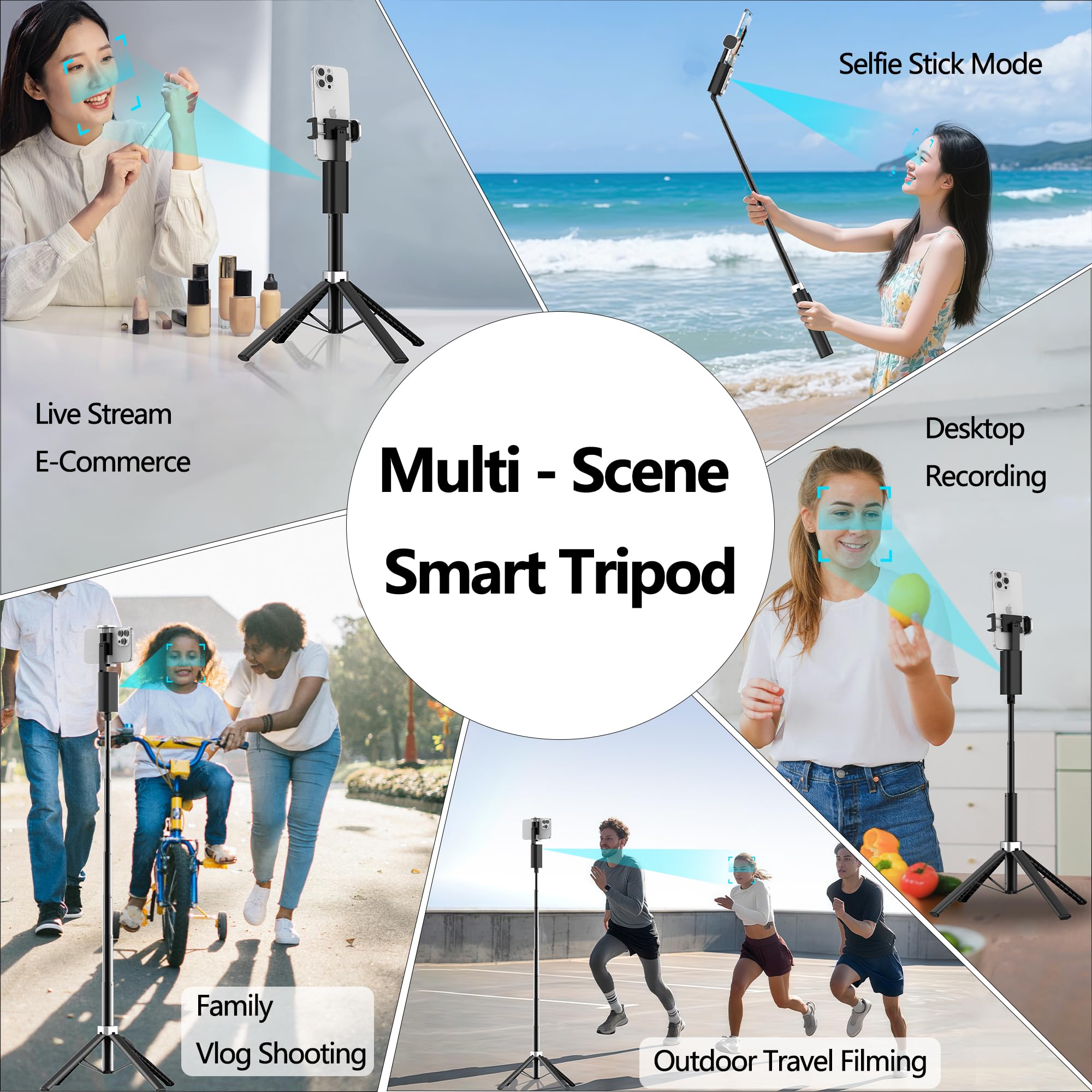 Trípode de palo selfie de seguimiento facial automático para iPhone, rotación de 360 grados que sigue la cara y el movimiento (1 soporte para teléfono 3 en 1)