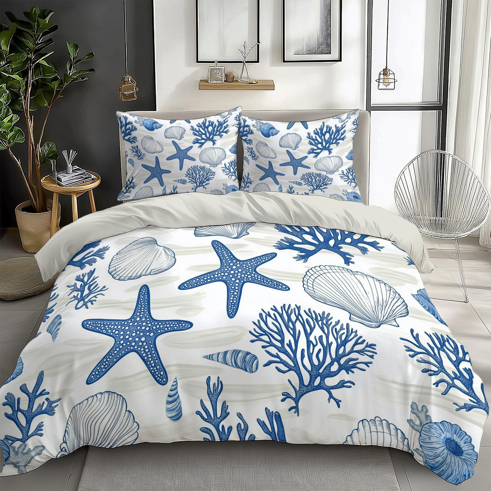 Juego de Fundas Nórdicas Suave 3 Piezas para Cama 90 - Estrellas de mar Azules corales y Conchas Patrón Funda Edredón Poliéster Algodón 150 x 200 cm + 2 Funda de Almohada 50x75,