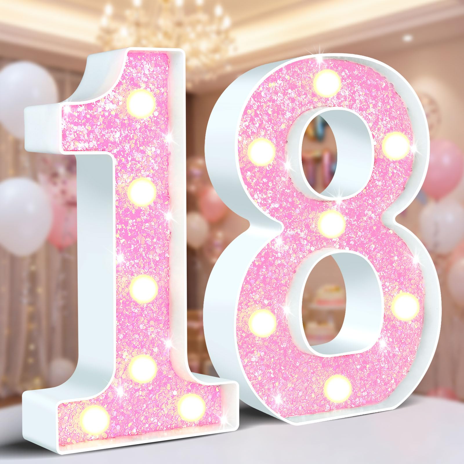 Ledido Pink Glitter Light Up Number 18 for 18th Birthday Decorations | Lighted Number Sign for Birthday, Pink Letters as Birthday Gift for Anniversary Wedding Party Decor, Night Lights for Bedroom