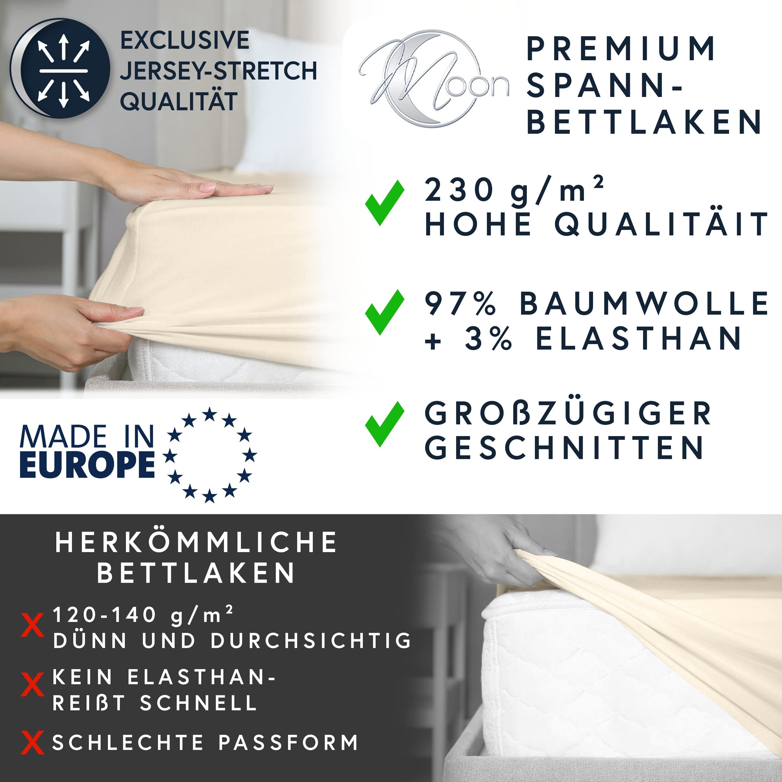 MOON -Luxury Prześcieradło z gumką, dżersej, 230 g/m², do łóżek wodnych, łóżek kontynentalnych i tradycyjnych materacy (naturalne, 200 x 220 – 220 x 240 cm)