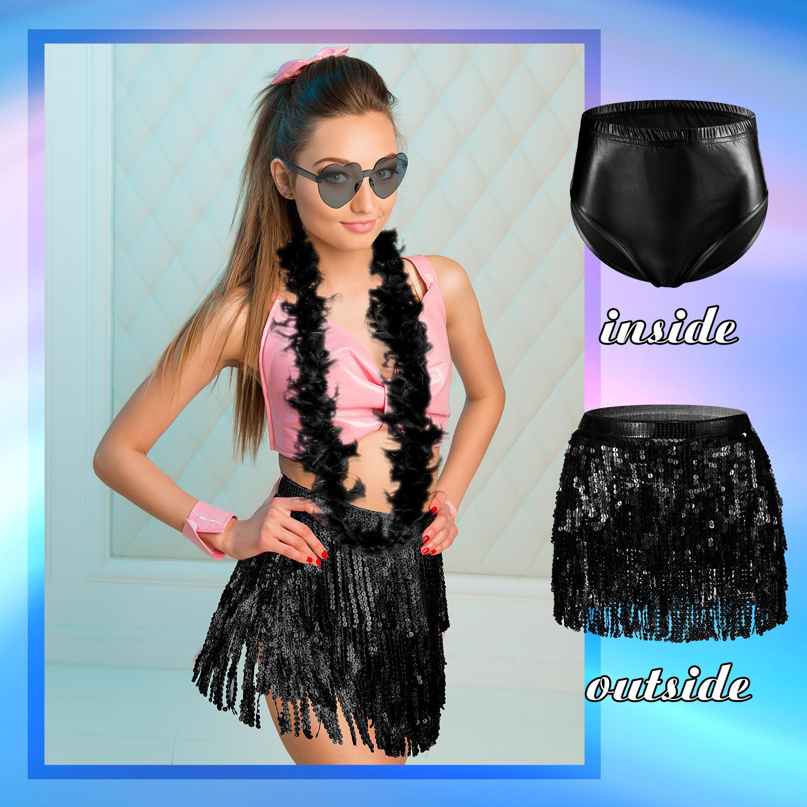 Toulite Set of 5 Women Sequin Fringe Skirt Belly Dance Hip Scarf Metallic Dance Shorts Rave Feather Boas Heart Sunglasses (US, Alpha, Medium, Regular, Regular, Black)