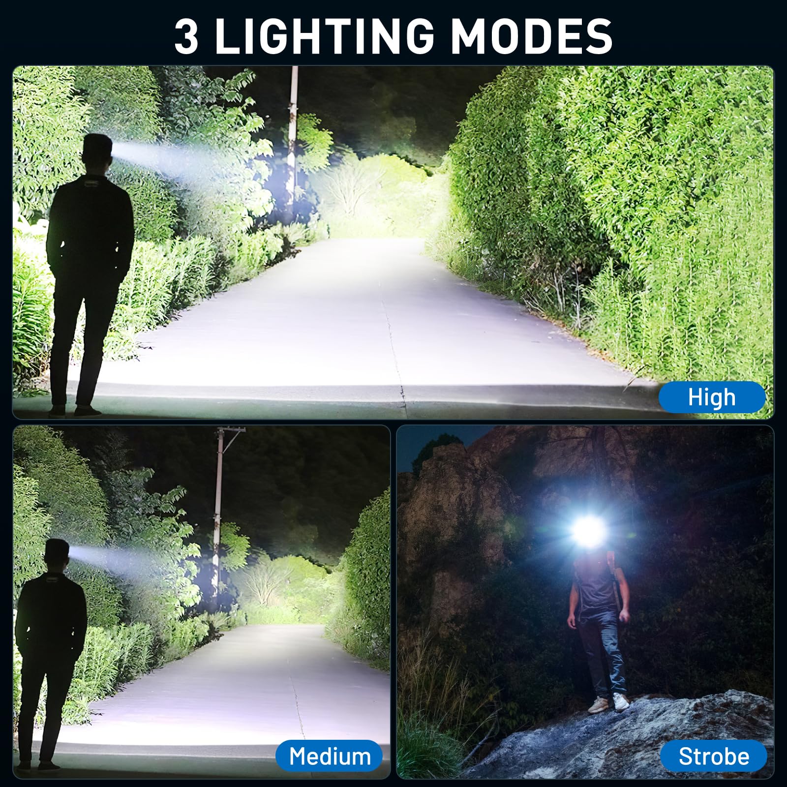 crazybrace Linterna frontal LED recargable, paquete de 2 unidades, 990000 lúmenes, lámpara de cabeza súper brillante con 3 modos y 12 horas de funcionamiento largo, faro frontal más brillante