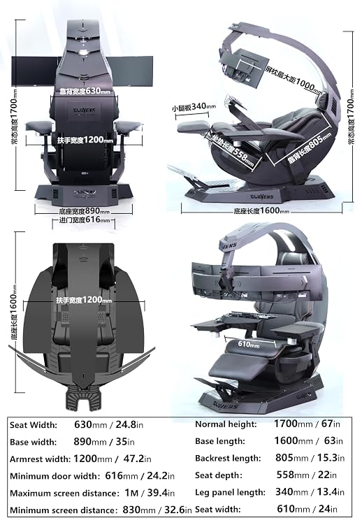 Imperatorworks CLUVENS Manticore Model Zero Gravity Gaming Chair Cockpit Gaming Workstation Executive seat (Black) Support 3 Monitors 1 * 49/57 Monitor can Extend to 5 Monitors