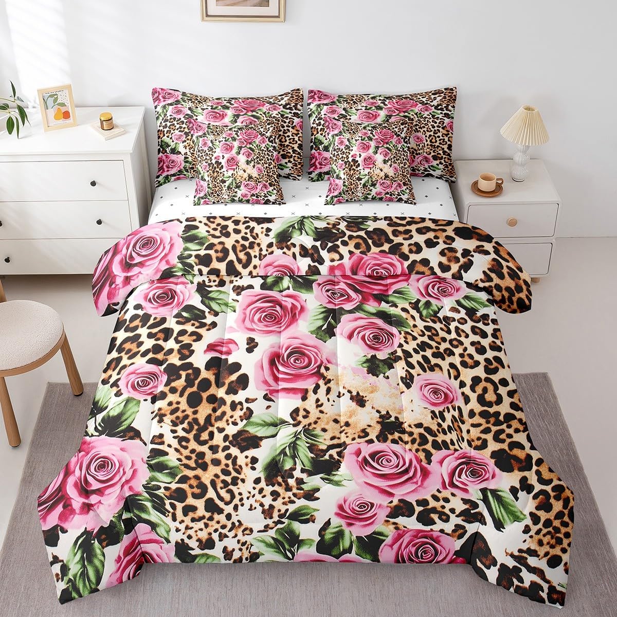Feelyou Girls Leopard Print Comforter Set Twin Size 7 Pieces Women Rose Floral Print Bedding Set for Adults Luxury Cheetah Print Bed in a Bag Romantic Flowers Room Decor Comforter with Sheets