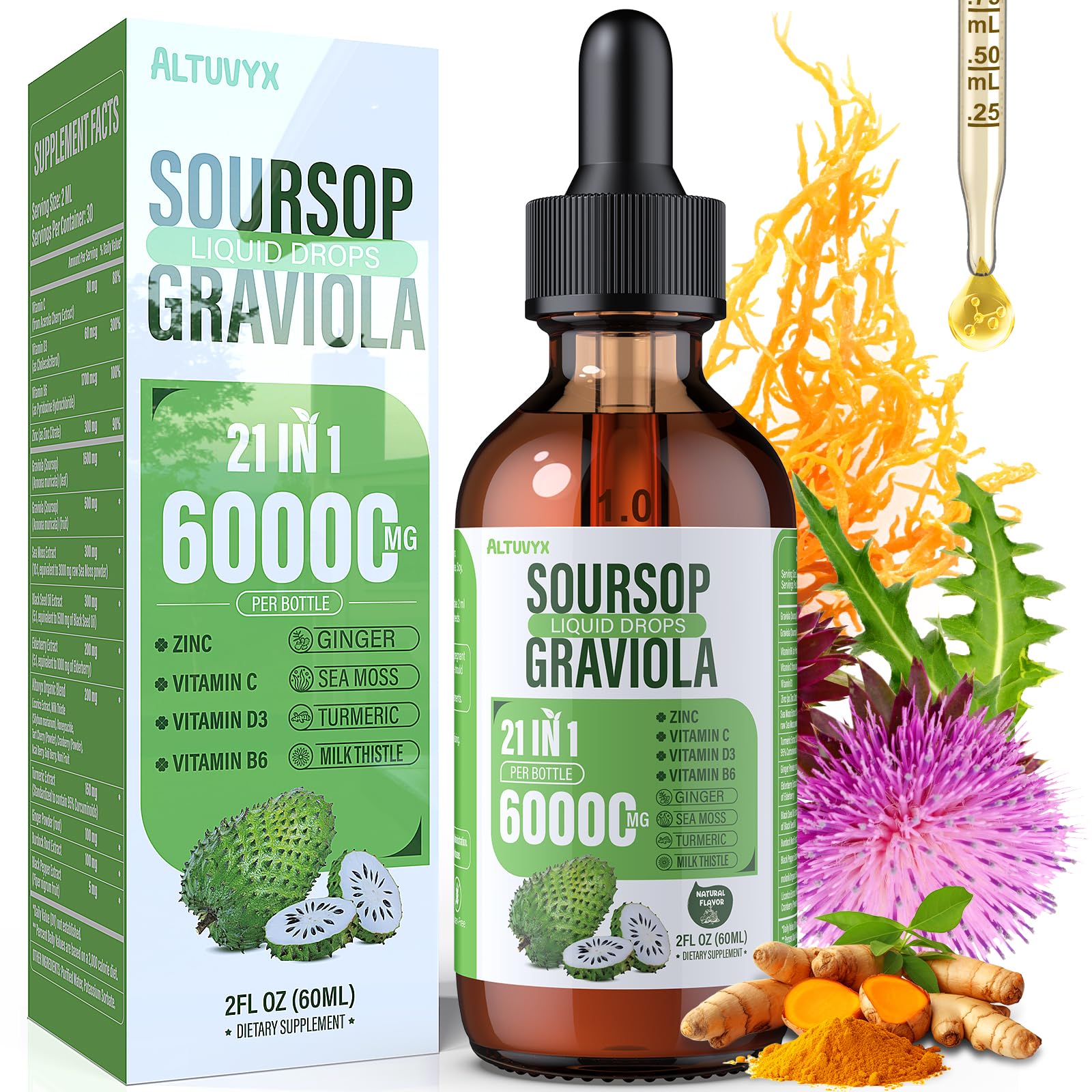 21-in-1 Soursop Graviola Liquid Drop, Soursop Bitters Liquid 2000mg Organic Soursop Leaves & Fruit with 300mg Sea Moss, Zinc, Vitamins for Cellular, Immune, Skin, Digestive, Natural Flavor, 60ML Natural Flavor 2 Fl Oz (Pack of 1)