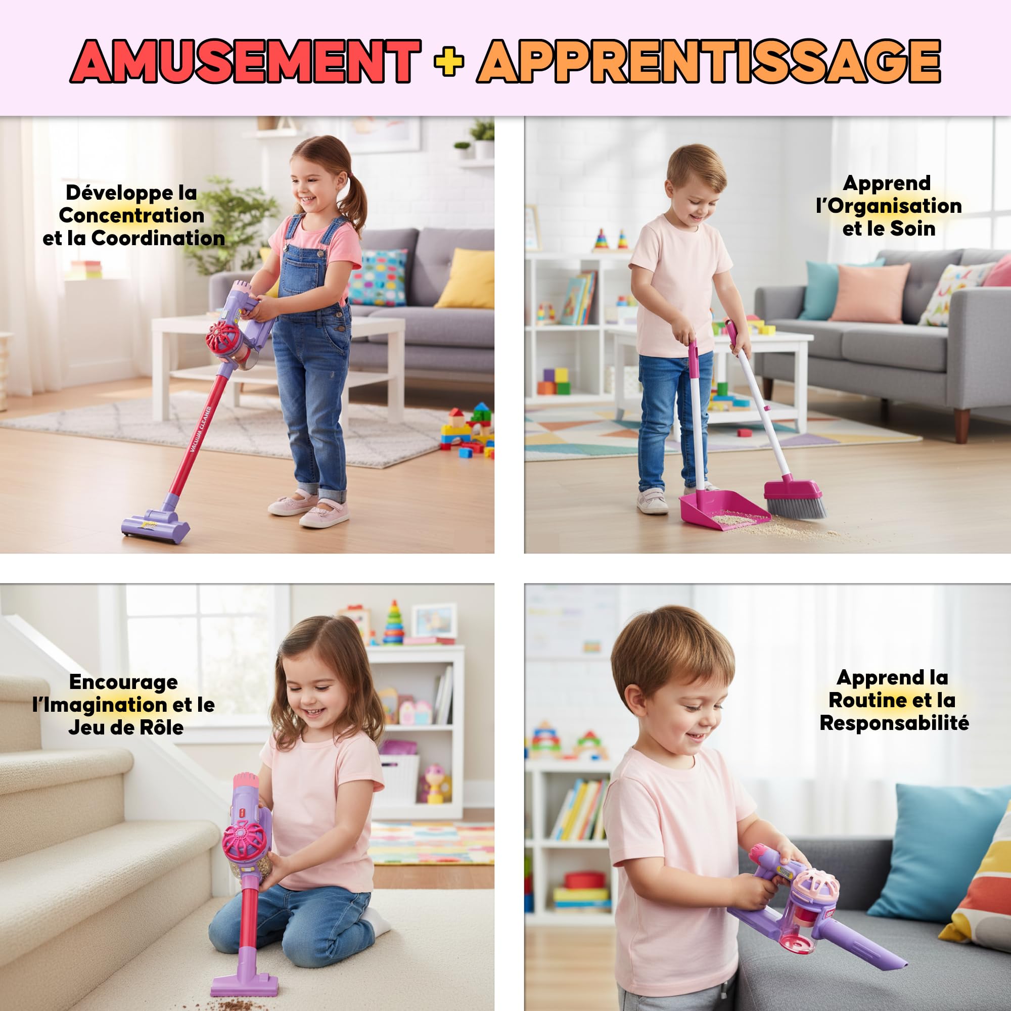 Aspirateur Enfant Jouet Fonctionnel - Jouet Mixte 2 Ans Balai Jeux éducatif - Cadeau Enfant 3 Ans garçon Fille Rose - Aspire Vraiment - Piles Non incluses 2×AA