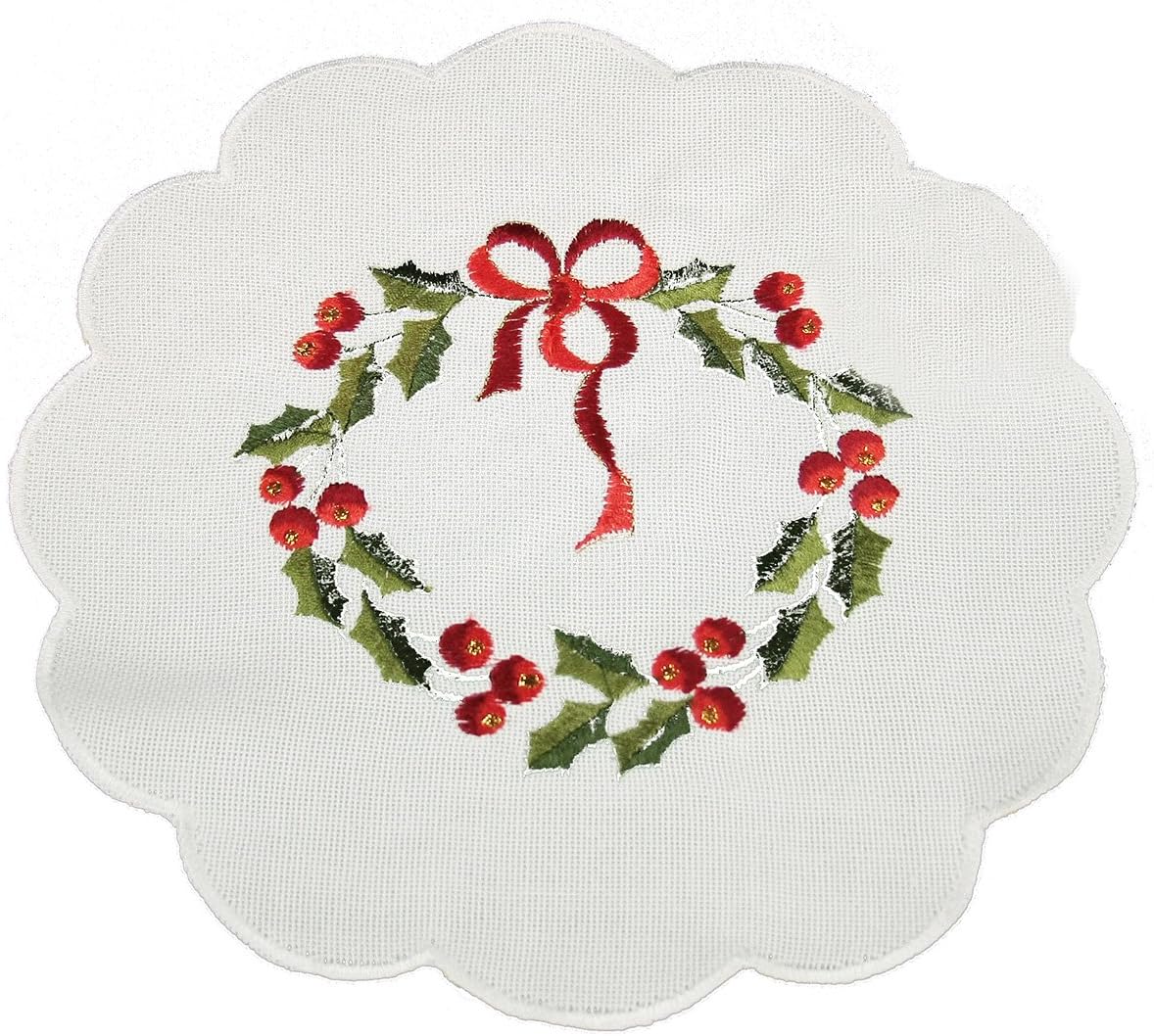 4-Pack Country Wreath Embroidered Hemstitch Christmas Doilies, 16-Inch Round