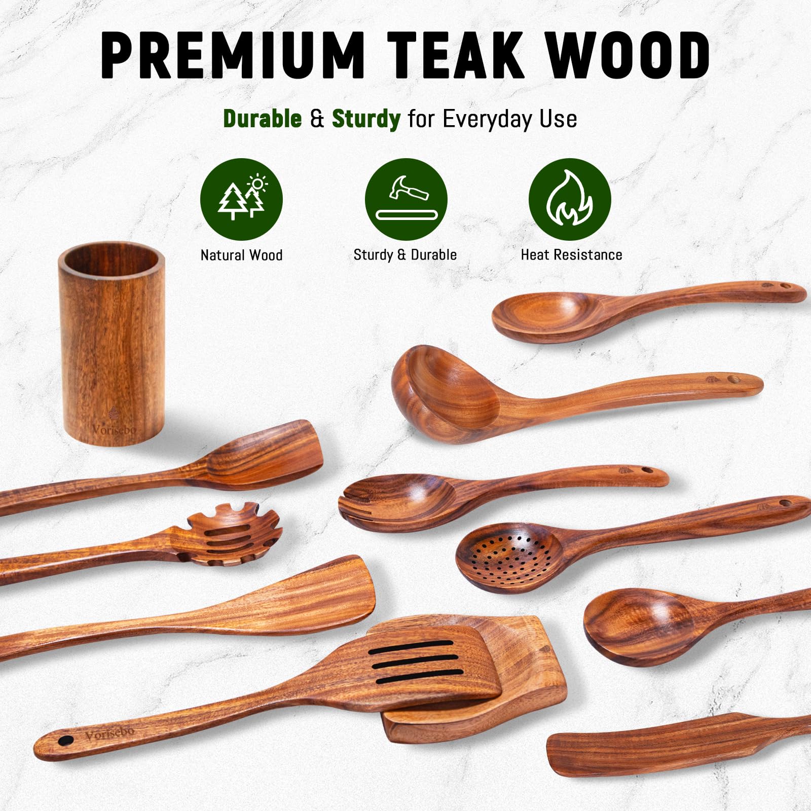 12-teiliges Holzlöffel zum Kochen, natürliches Teakholzutensilien-Set, handgefertigtes Küchenhelfer-Set aus Holz mit Halter und Löffel, langlebig, antihaftbeschichtet, Komfortgriff