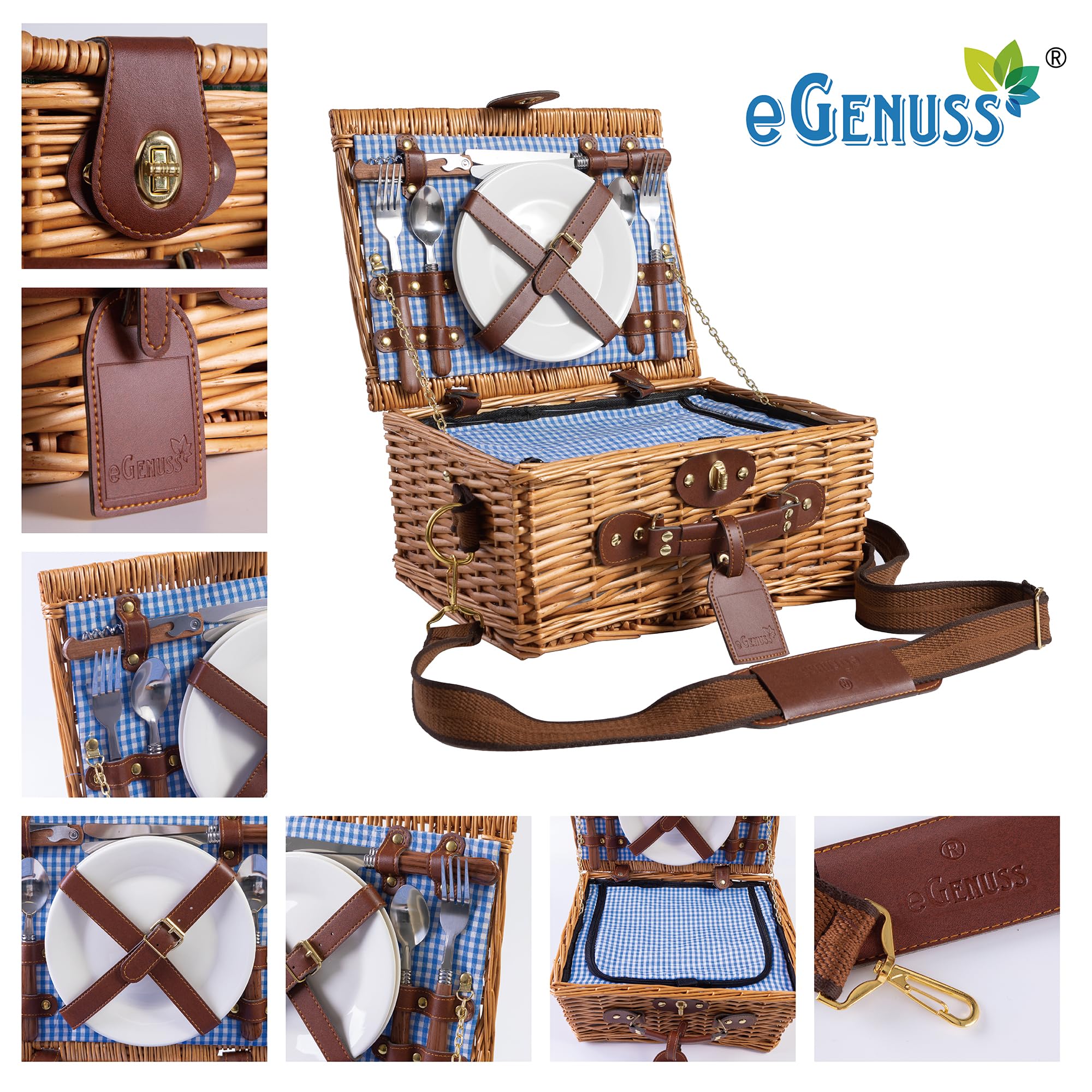 Picknickkorb 2 Personen Blau mit Kühlfach & Schultergurt – Handgewebter Picknicktasche aus Naturweide inkl. Geschirr & Gläser – Romantisches Picknick Set Geschenk