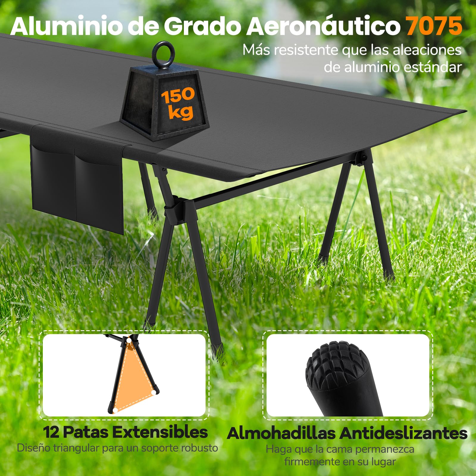 COSTWAY Cama Plegable Camping, Altura Ajustable, Catre Plegable Camping Portátil, Bolsillo Lateral y de Malla, Bolsa de Transporte, Campismo Playa Senderismo Oficina, 193 x 70cm, Carga 150kg