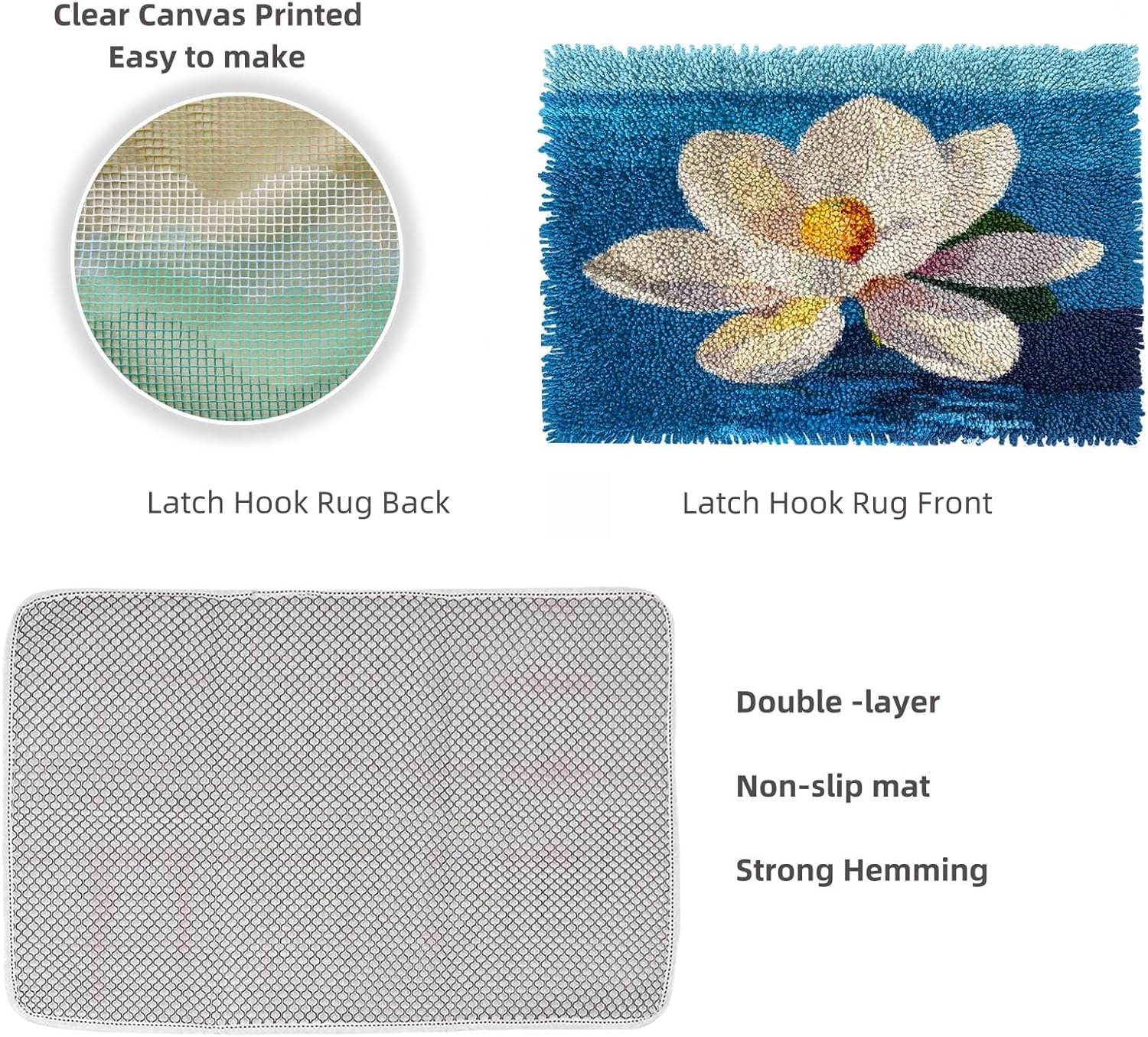 Latch Hook Kit Rug for Adults Magnolia Flower with Sea Background Pre-Printed Handmade Carpet Crochet Yarn Craft DIY Hook and Latch Door Mat Tapestry Home Floor Decor 60x40cm-1