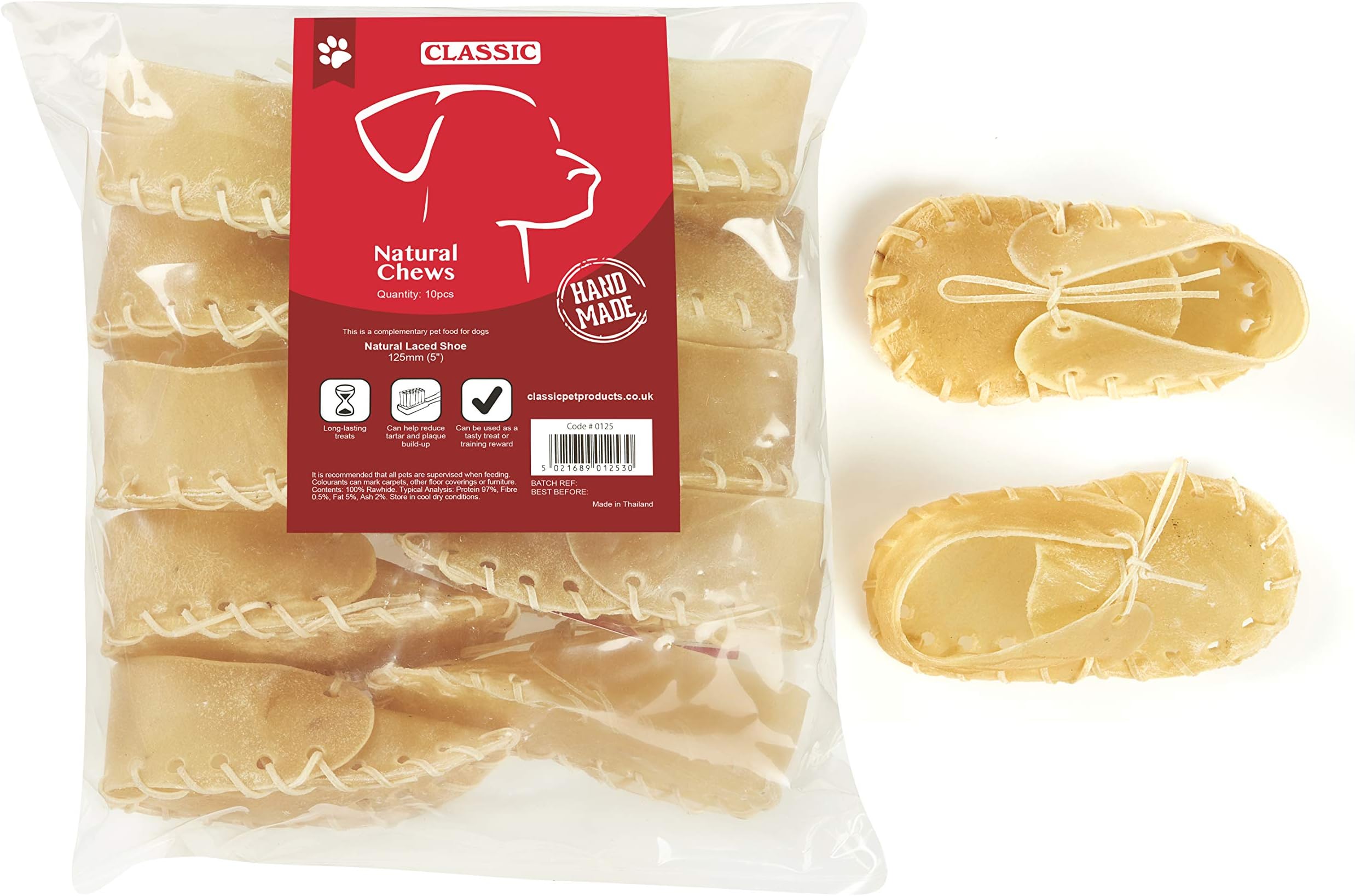 Classic Pet Products Rawhide Laced Shoe for Dogs, 125 mm, Pack of 10