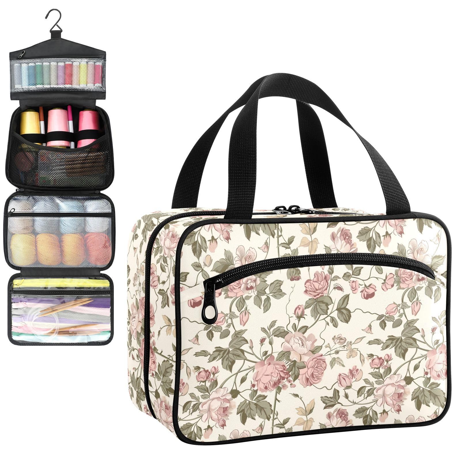 YNNALE Sewing Supply Organizer Bag, Vintage Pink Floral Portable Sewing Bags with Pockets&Hanger, Sewing Storage Box Case for Sew Supplies/Kit/Tools/Accessories (BAG ONLY)