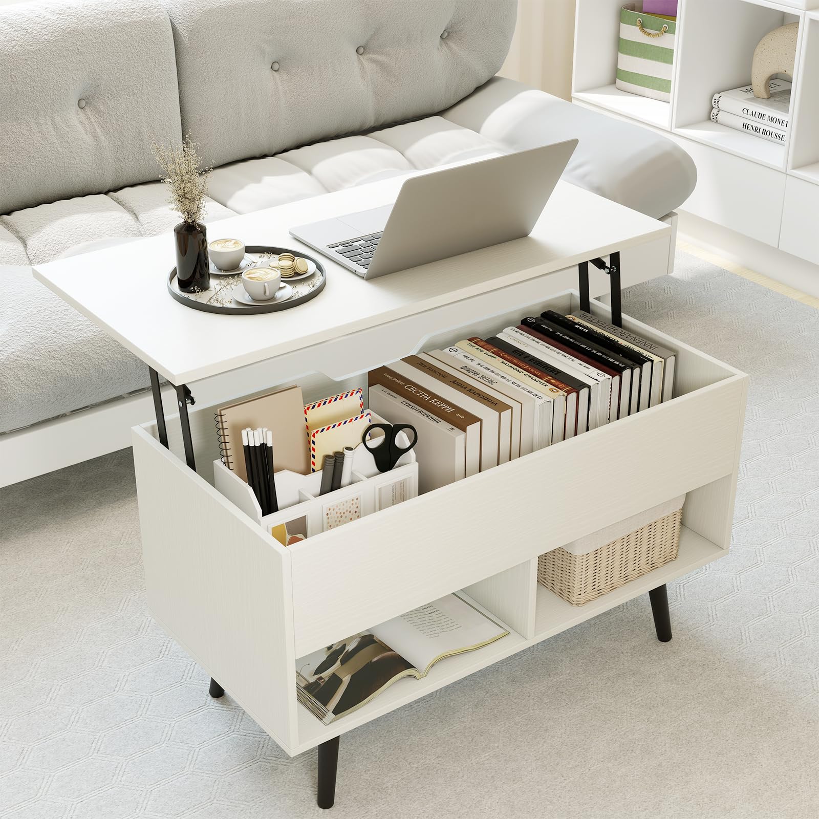 GIANTEX Mesa de Centro Elevable y Extensible, Mesa de Café de Madera con Espacio de Almacenamiento Oculto y 2 Estantes Abiertos, Mesa Auxiliar Rectangular para Salón, Oficina (Blanco)