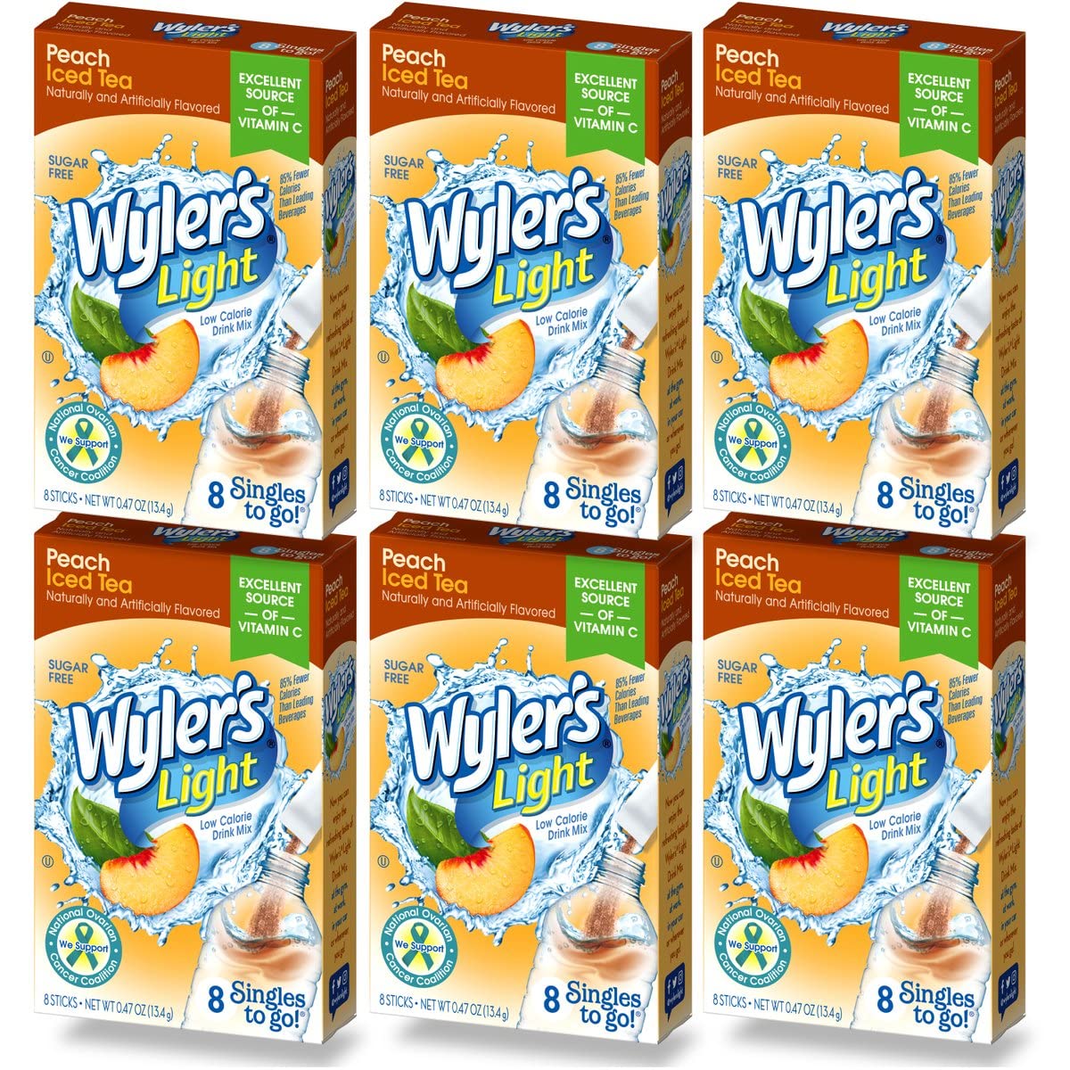 Wyler's Light Singles To Go (6 Pack), Peach Iced Tea Water Drink Mix, 48 Total Powder Drink Mix Packets