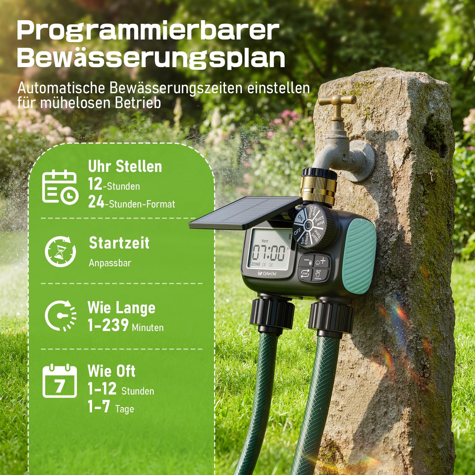 2-Zonen Solar Bewässerungscomputer, Automatische Bewässerung Wasser Zeitschaltuhr mit Solaraufladung, Bewässerungssteuerung mit Auto-/Manuell-/Regenverzögerungsmodi für Rasen/Terrasse/Garten