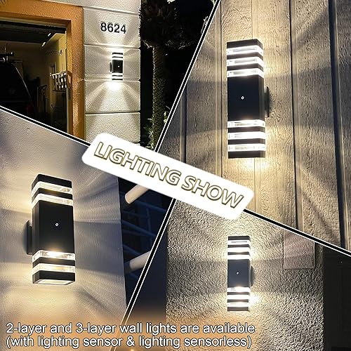 Miniatura 5 de tewei Paquete de 6 lámparas para exteriores del atardecer al amanecer, modernas luces negras para exteriores para casa, 2 capas arriba y abajo,