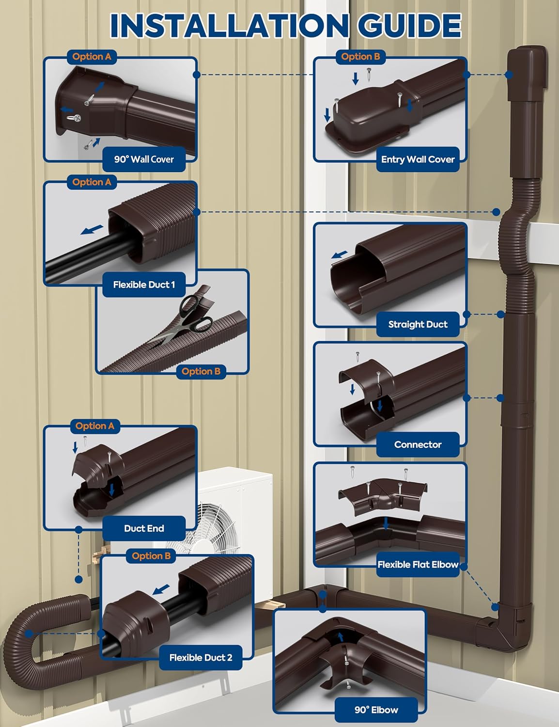 Mini Split Line Set Cover: 3" 17Ft Line Set Cover Kit for Minisplit with Flexible Duct, Decorative Lineset Hide Cover Kit for Air Conditioner, HVAC, Heat Pumps, Central AC Pipe, Brown
