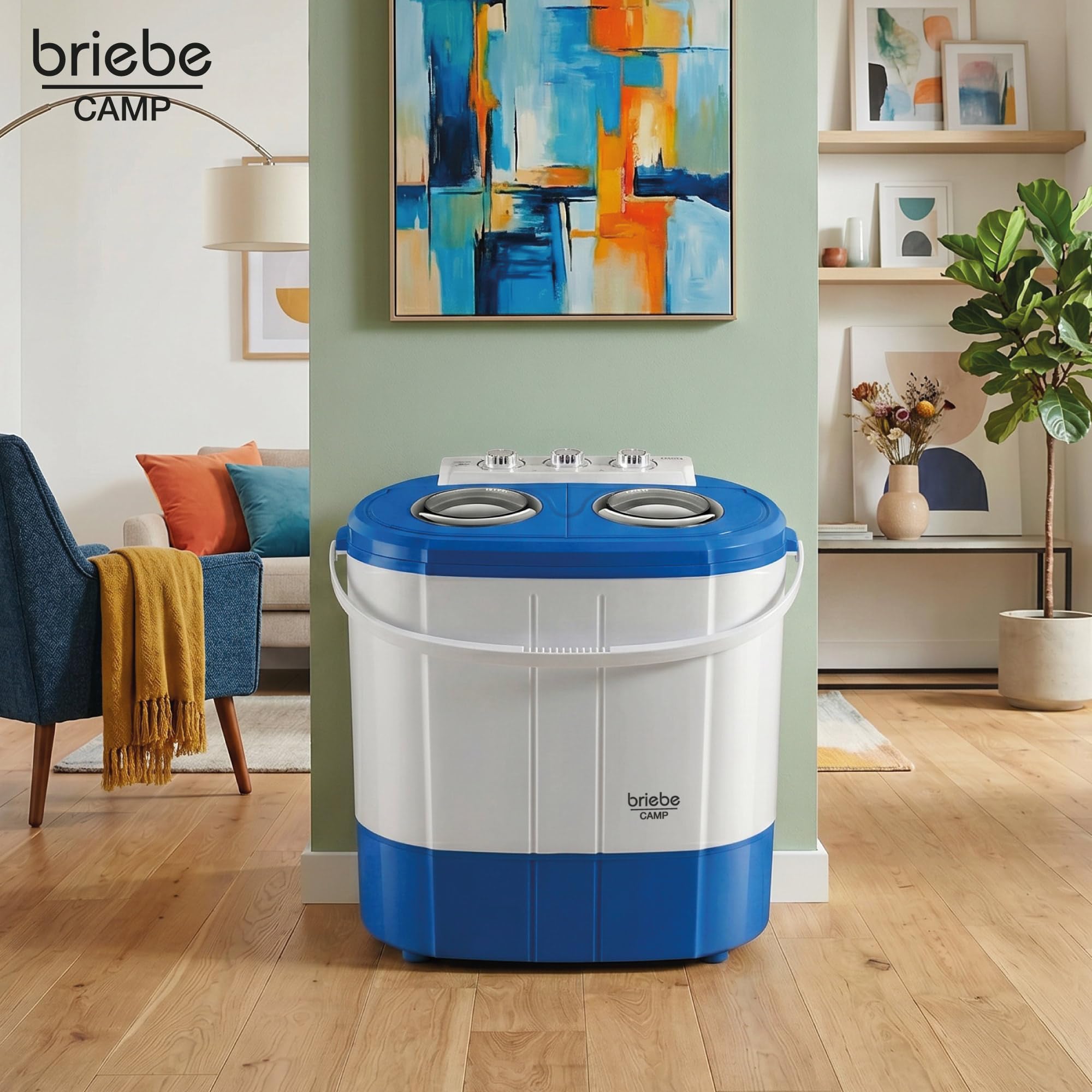 briebe Camp - Mini Lavatrice Portatile con Centrifuga, Campeggio, Capacità 3 kg, Ideale per Viaggi, Roulotte, Camper, 2 Scomparti, Caricamento dall'alto, Nessuna installazione, Blu/Bianco